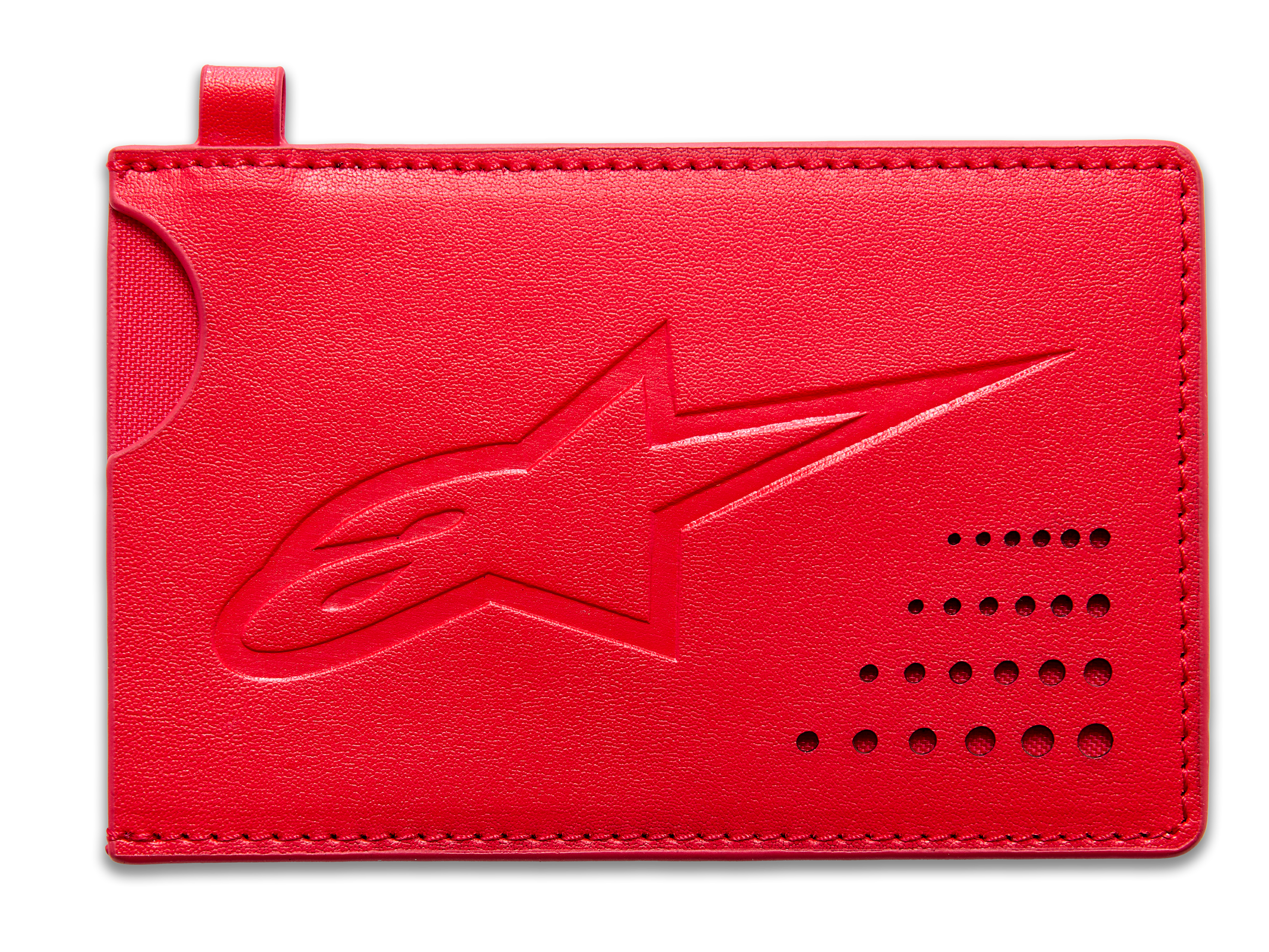 Portacarte di credito Ageless Alpinestars, portafoglio minimalista in pelle rossa con logo Astars in rilievo e intaglio curvo, accessorio sportswear unisex.