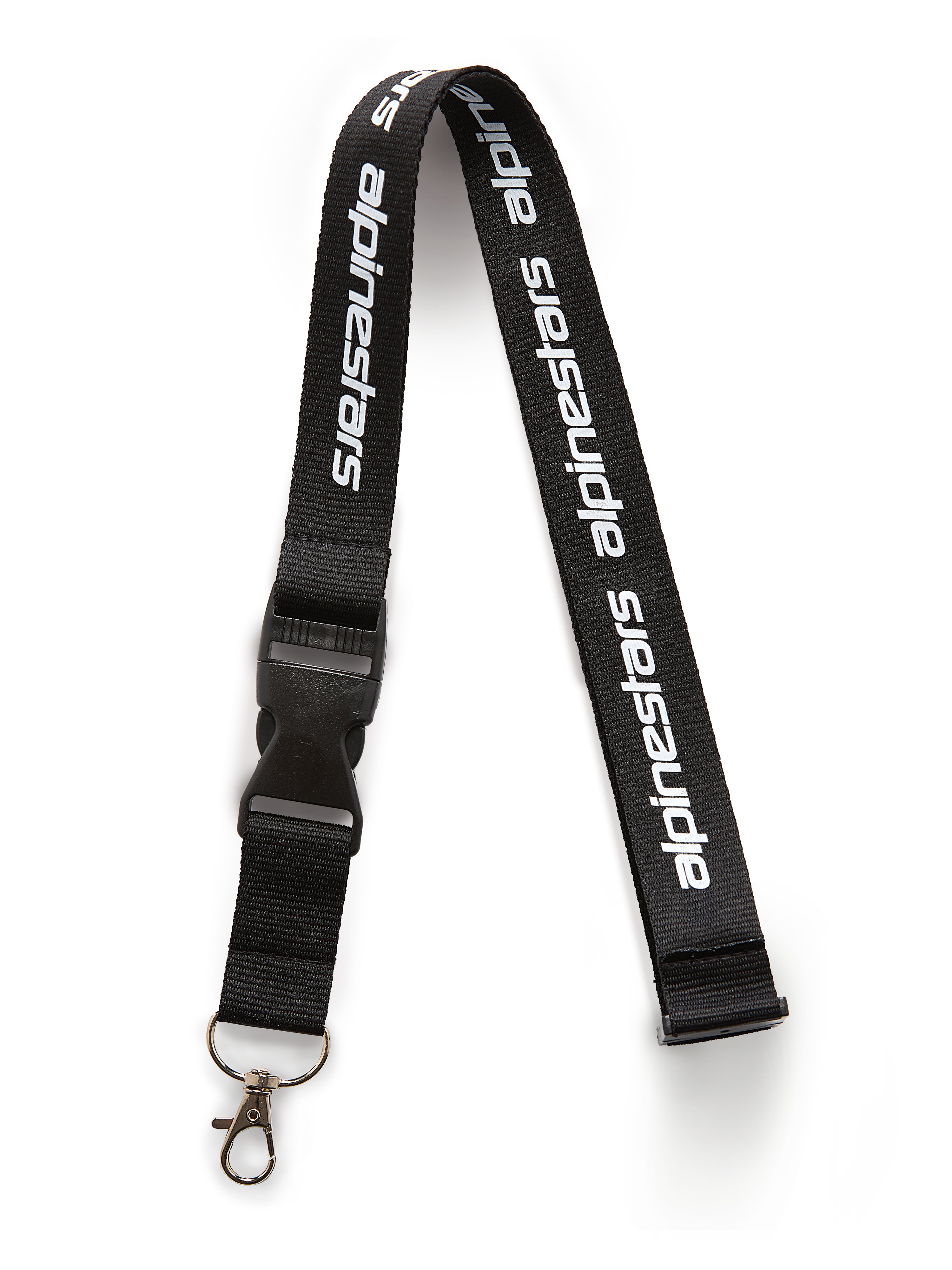 Alpinestars Linear Lanyard, nero e bianco, cinturino nero con logo Alpinestars stampato in bianco, con fibbia di sicurezza in plastica nera e gancio girevole in metallo, accessorio sportswear casual