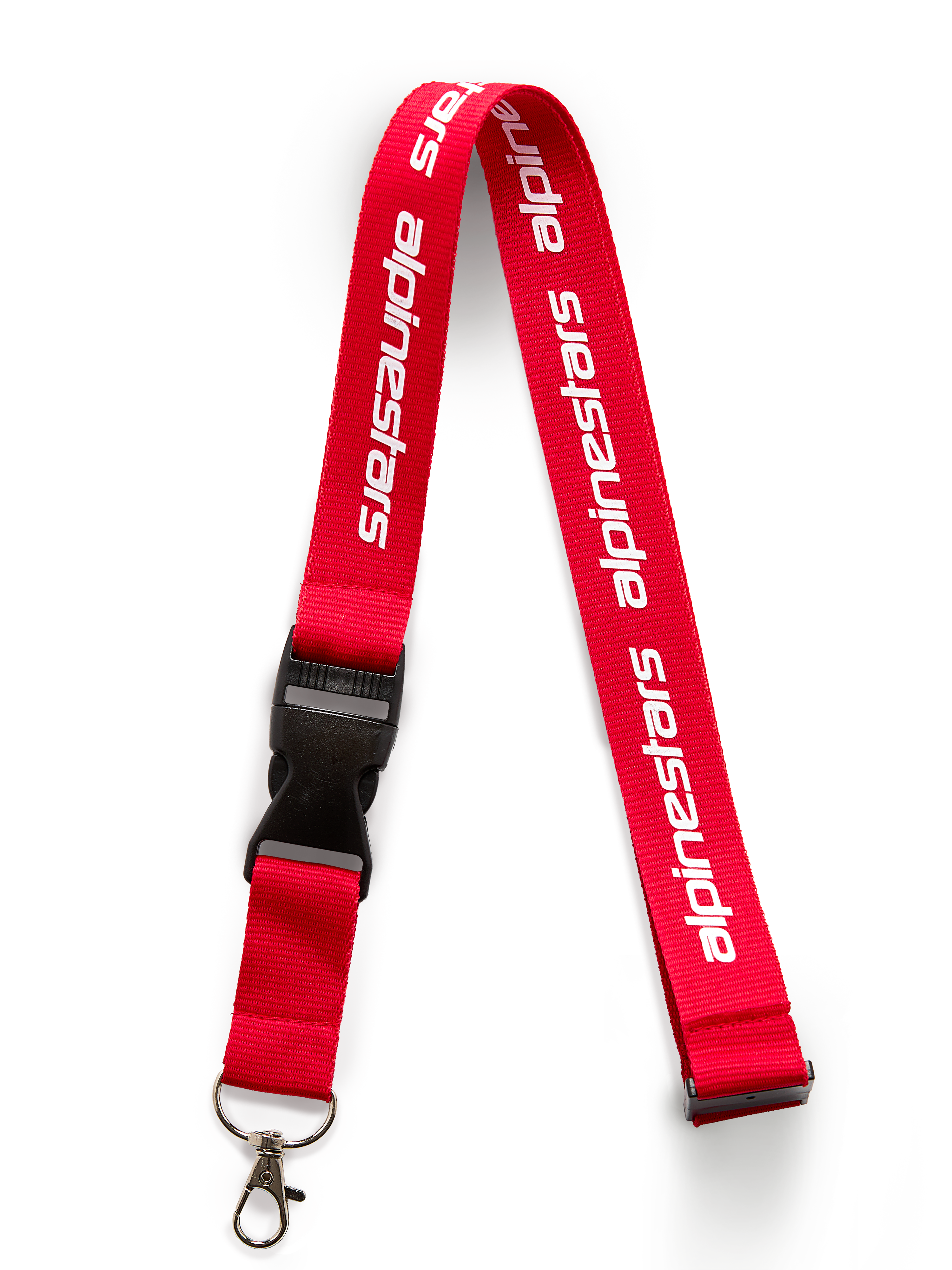 Lanyard Alpinestars Linear, rosso e bianco, con logo Alpinestars stampato, clip di sicurezza nera e gancio girevole in metallo staccabile, accessorio ispirato al motorsport