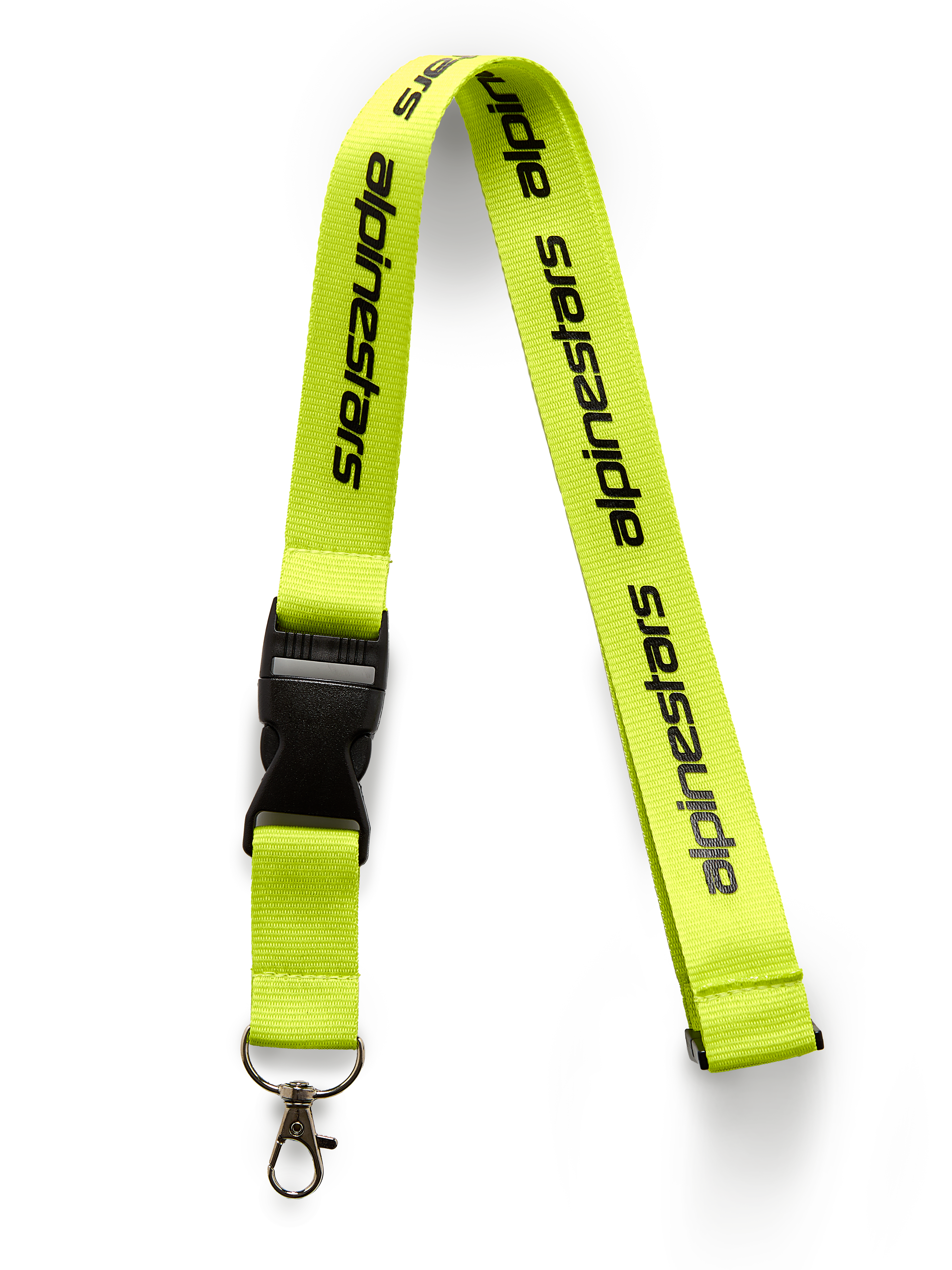 Alpinestars Linear Lanyard, giallo alta visibilità con logo nero stampato, fibbia a sgancio rapido in plastica nera e clip girevole in metallo, laccio da collo in poliestere da 50 cm, accessorio ispirato al motorsport