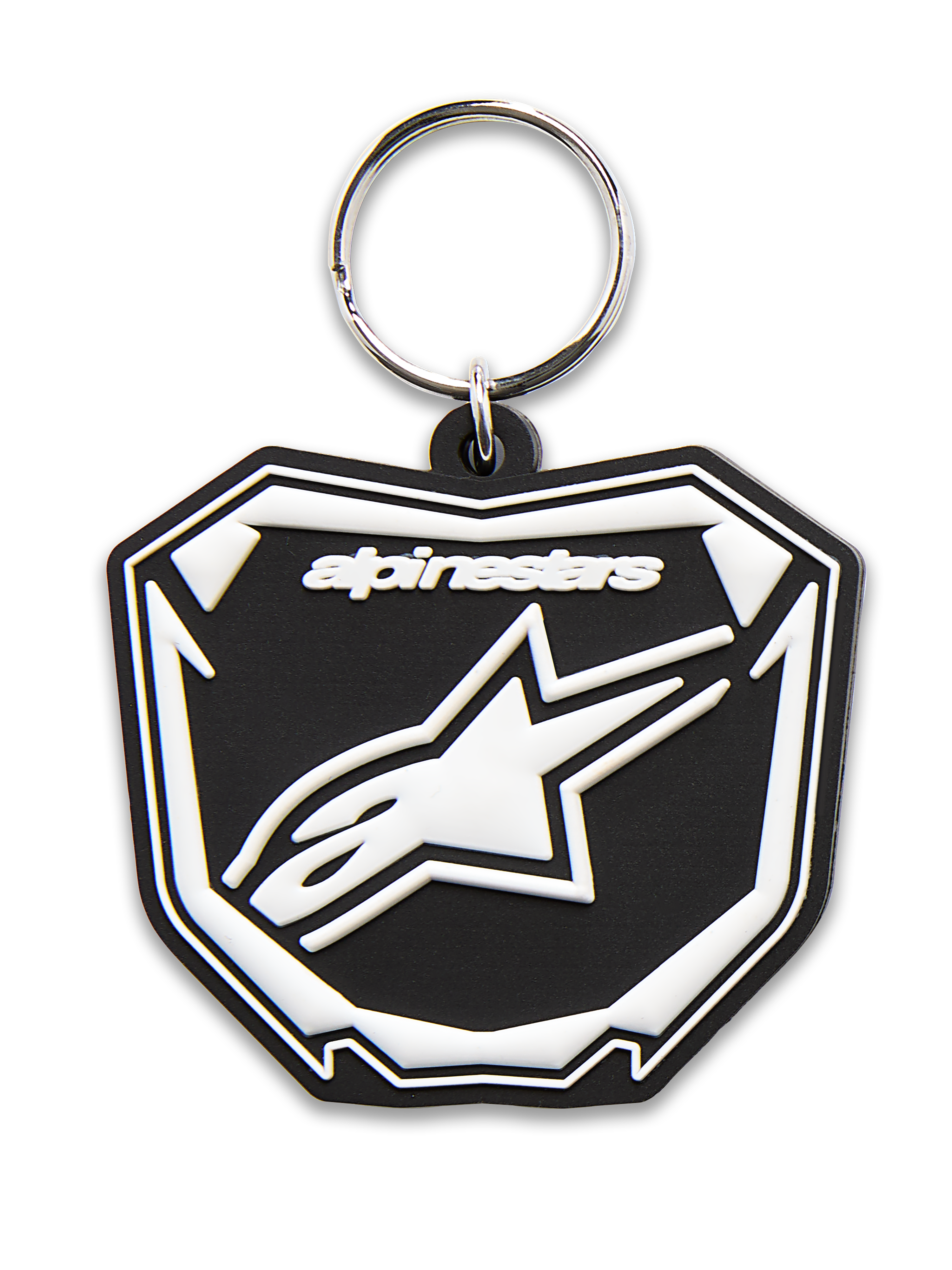 Alpinestars Portachiavi Plate, portachiavi stampato in 3D, nero e bianco, caratterizzato dalla grafica Astars MX con logo e testo bianchi, anello a scatto in metallo argentato, accessorio ispirato al motorsport
