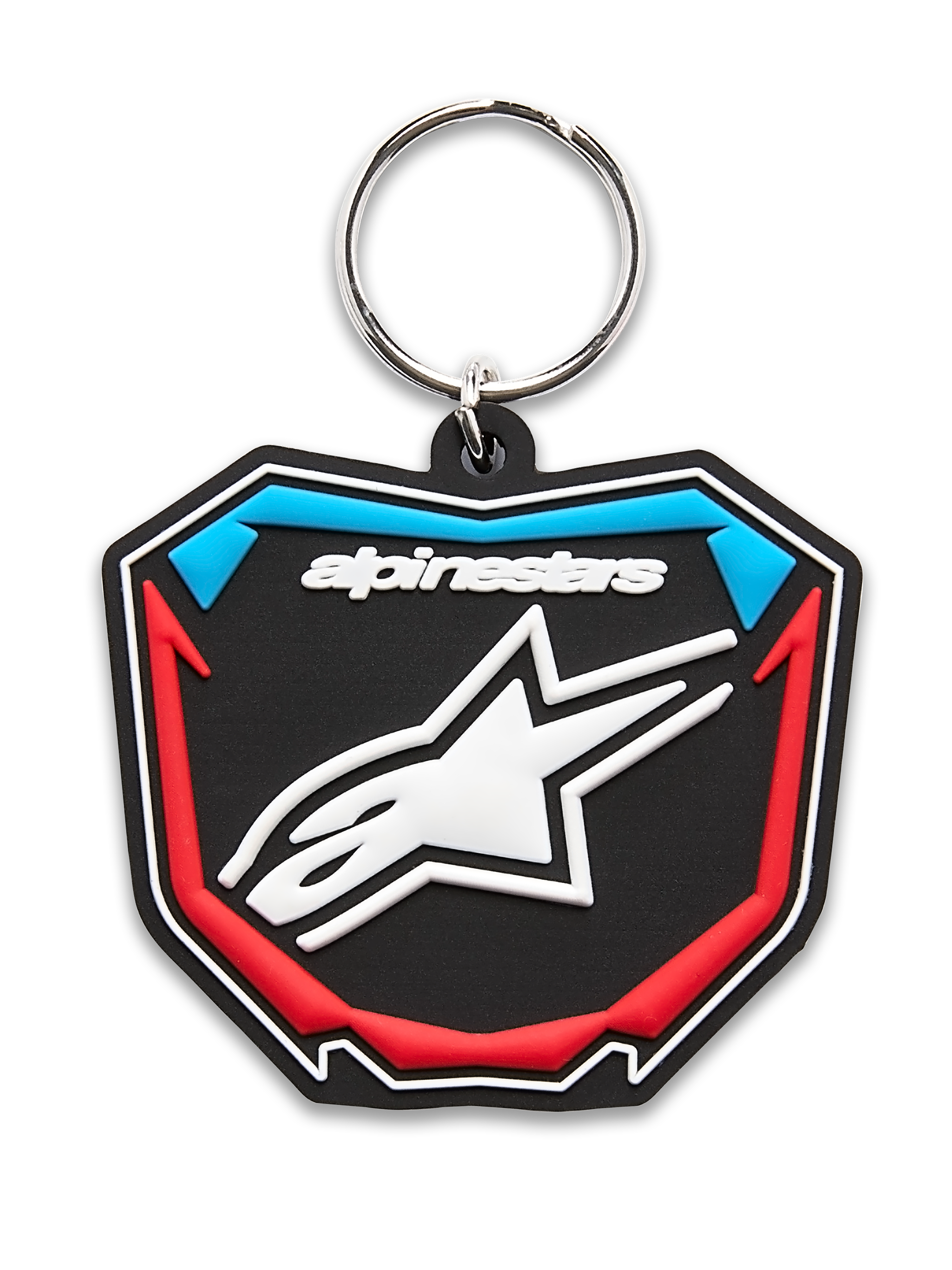 Portachiavi Alpinestars Plate, portachiavi stampato in 3D, nero, blu e rosso, design a forma di tabella da motocross con logo a stella bianco e anello in metallo, accessorio motorsport casual