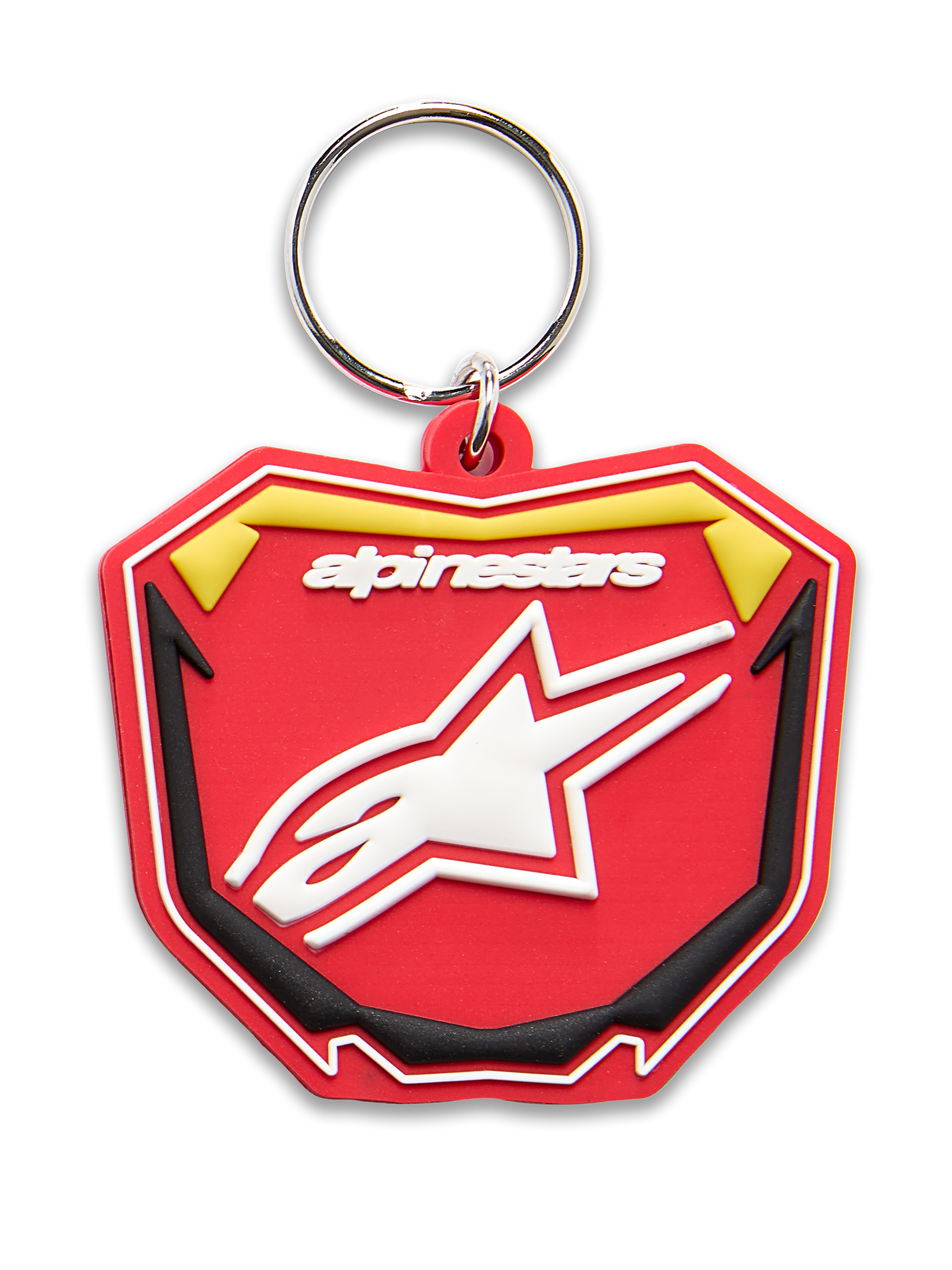 Portachiavi Alpinestars Plate, portachiavi stampato in 3D, rosso, giallo e nero, logo Alpinestars bianco e simbolo stella Astars, anello a scatto in metallo argentato, design ispirato alle tabelle MX del motorsport