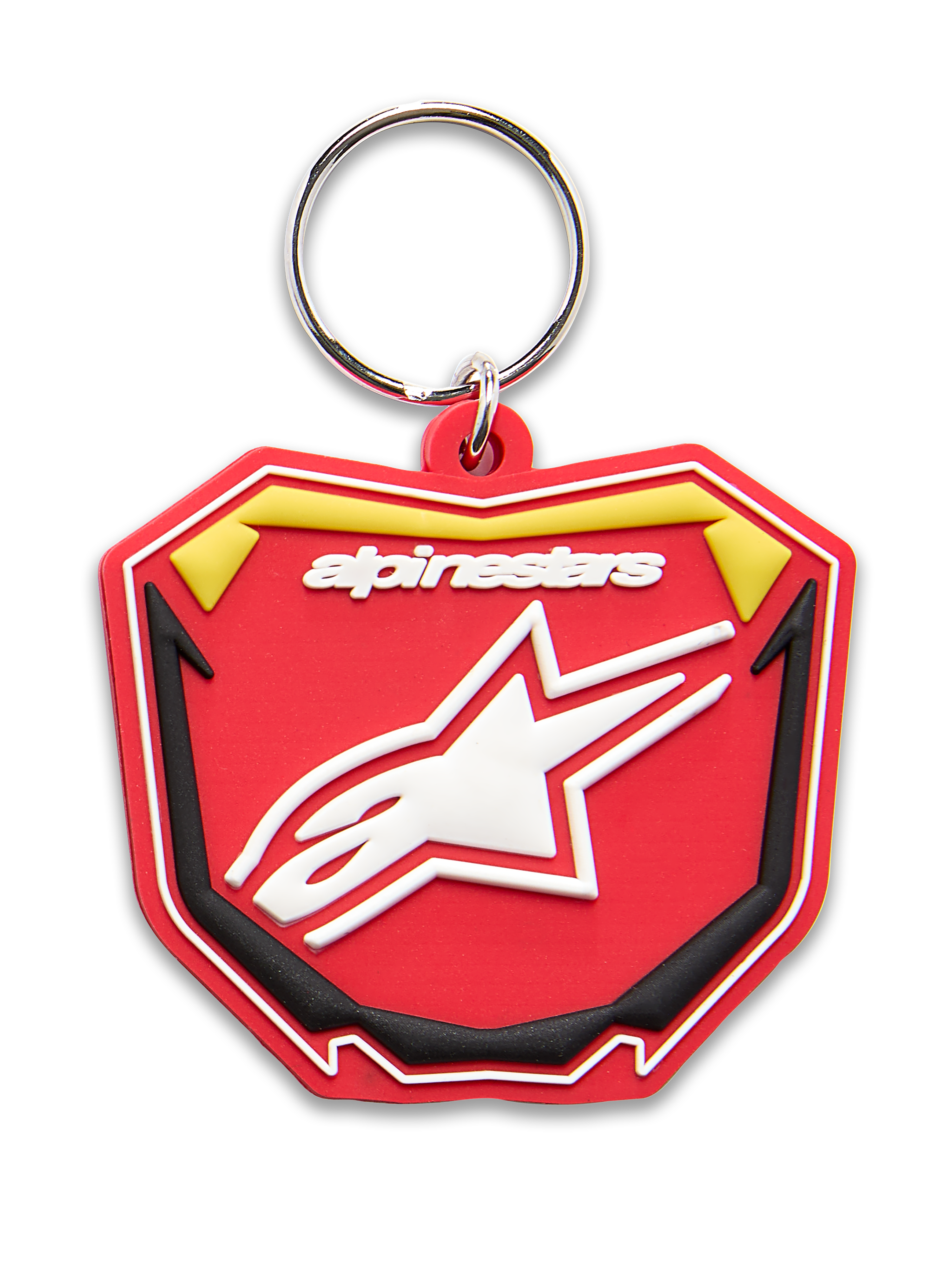 Portachiavi Alpinestars Plate, portachiavi stampato in 3D, rosso, giallo e nero, logo Alpinestars bianco e simbolo stella Astars, anello a scatto in metallo argentato, design ispirato alle tabelle MX del motorsport