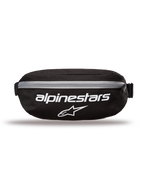 Alpinestars Only Linear Hip Bag, marsupio, nero con loghi bianchi e cerniera grigia, vista frontale con scritta Alpinestars e logo a stella, struttura in poliestere resistente, marsupio compatto per l'uso quotidiano