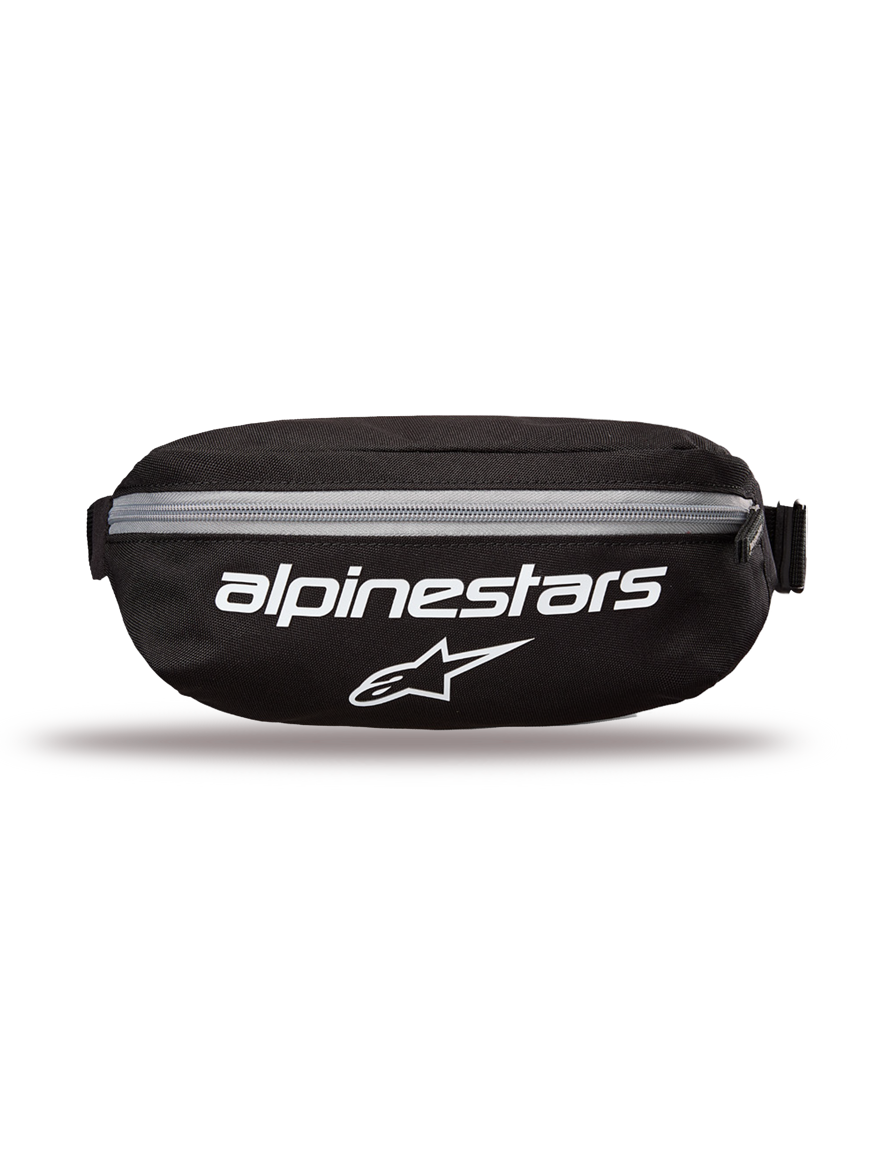 Alpinestars Only Linear Hip Bag, marsupio, nero con loghi bianchi e cerniera grigia, vista frontale con scritta Alpinestars e logo a stella, struttura in poliestere resistente, marsupio compatto per l'uso quotidiano