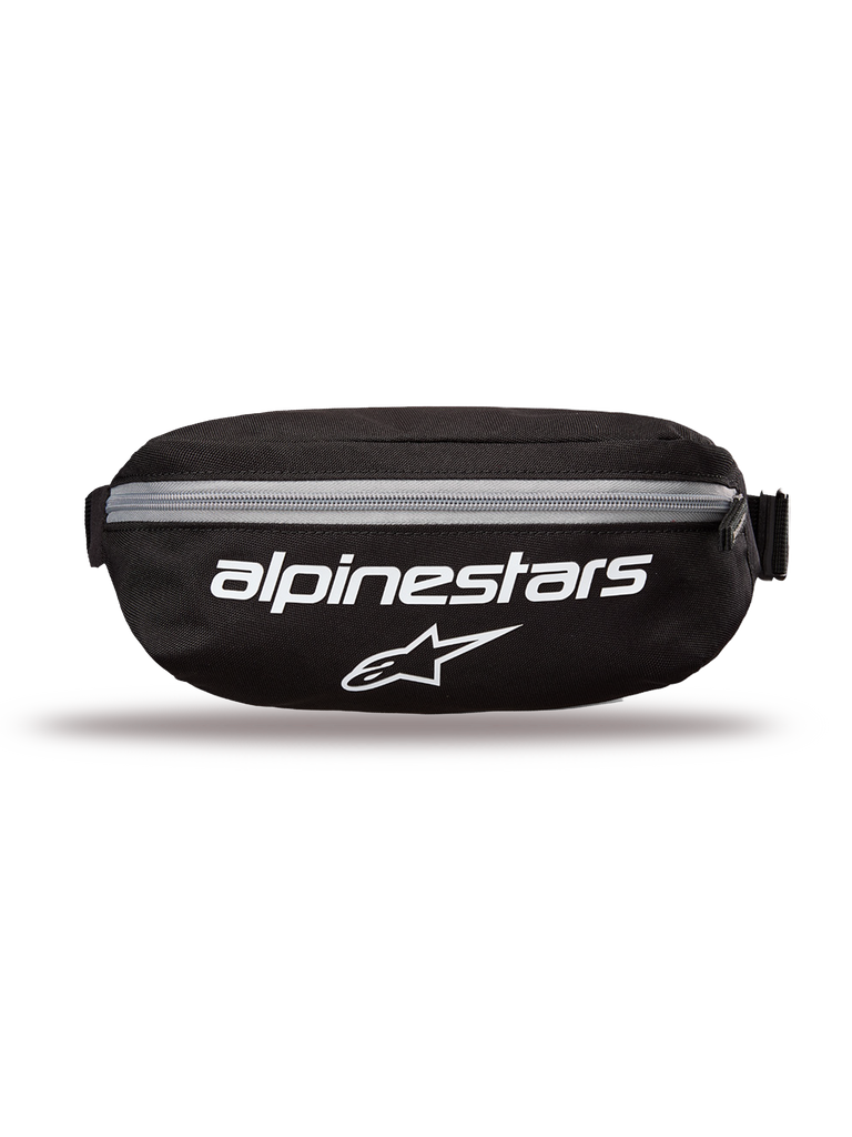 Alpinestars Only Linear Hip Bag, marsupio, nero con loghi bianchi e cerniera grigia, vista frontale con scritta Alpinestars e logo a stella, struttura in poliestere resistente, marsupio compatto per l'uso quotidiano