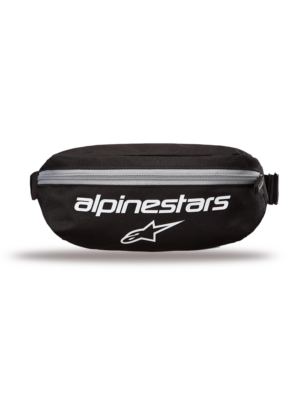Alpinestars Only Linear Hip Bag, marsupio, nero con loghi bianchi e cerniera grigia, vista frontale con scritta Alpinestars e logo a stella, struttura in poliestere resistente, marsupio compatto per l'uso quotidiano