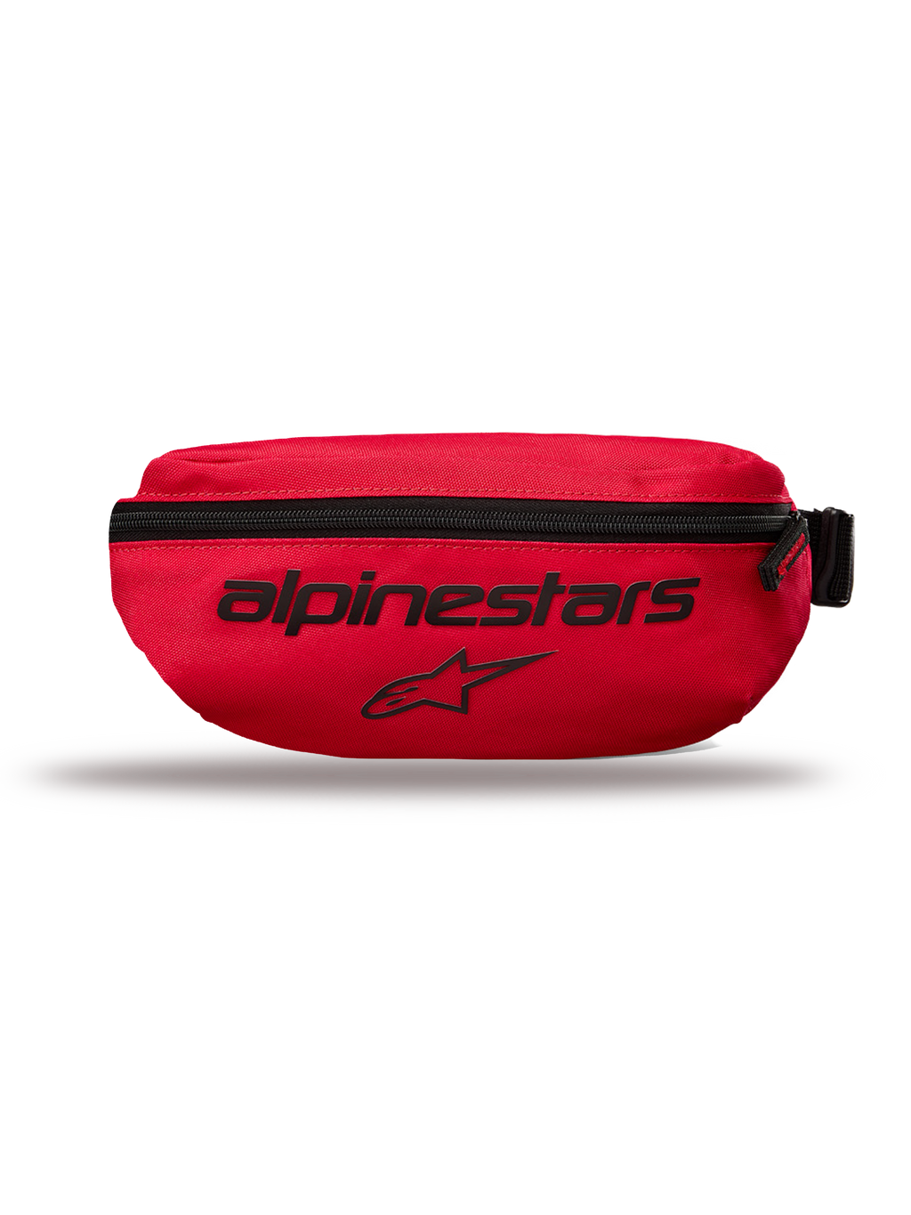 Alpinestars Only Linear Hip Bag, marsupio di piccole dimensioni, rosso, con scritta Alpinestars e logo a stella neri, chiusura con cerniera verticale, poliestere 600D resistente, stile urban streetwear
