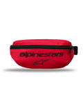 Alpinestars Only Linear Hip Bag, marsupio di piccole dimensioni, rosso, con scritta Alpinestars e logo a stella neri, chiusura con cerniera verticale, poliestere 600D resistente, stile urban streetwear