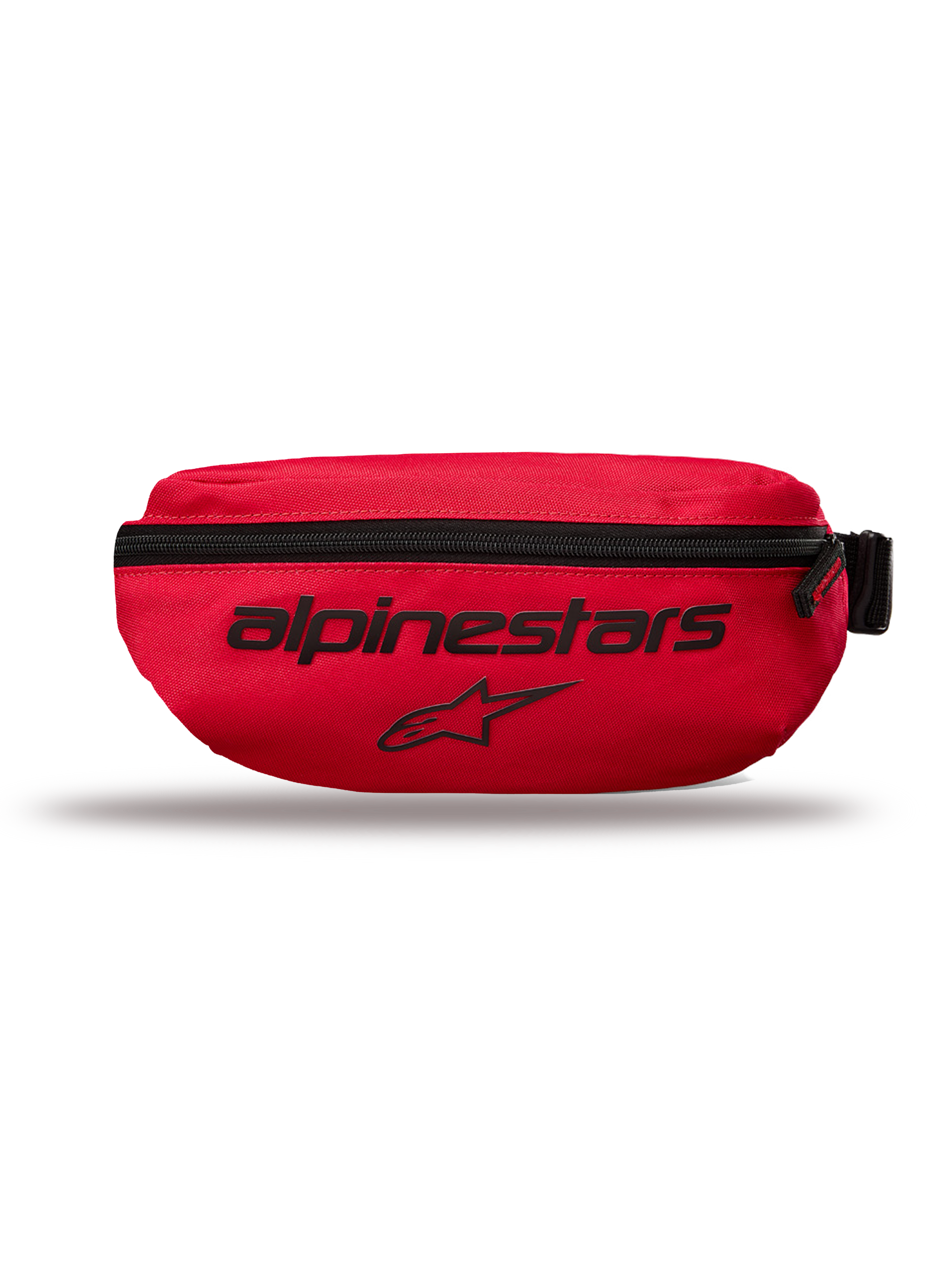 Alpinestars Only Linear Hip Bag, marsupio di piccole dimensioni, rosso, con scritta Alpinestars e logo a stella neri, chiusura con cerniera verticale, poliestere 600D resistente, stile urban streetwear