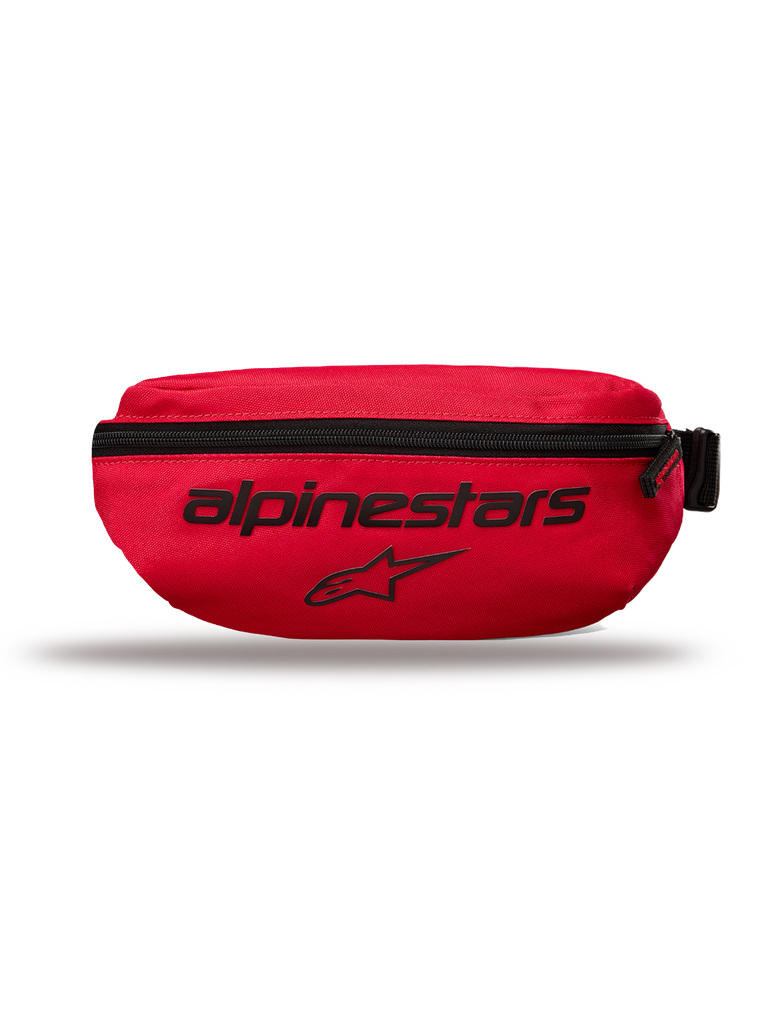 Alpinestars Only Linear Hip Bag, marsupio di piccole dimensioni, rosso, con scritta Alpinestars e logo a stella neri, chiusura con cerniera verticale, poliestere 600D resistente, stile urban streetwear