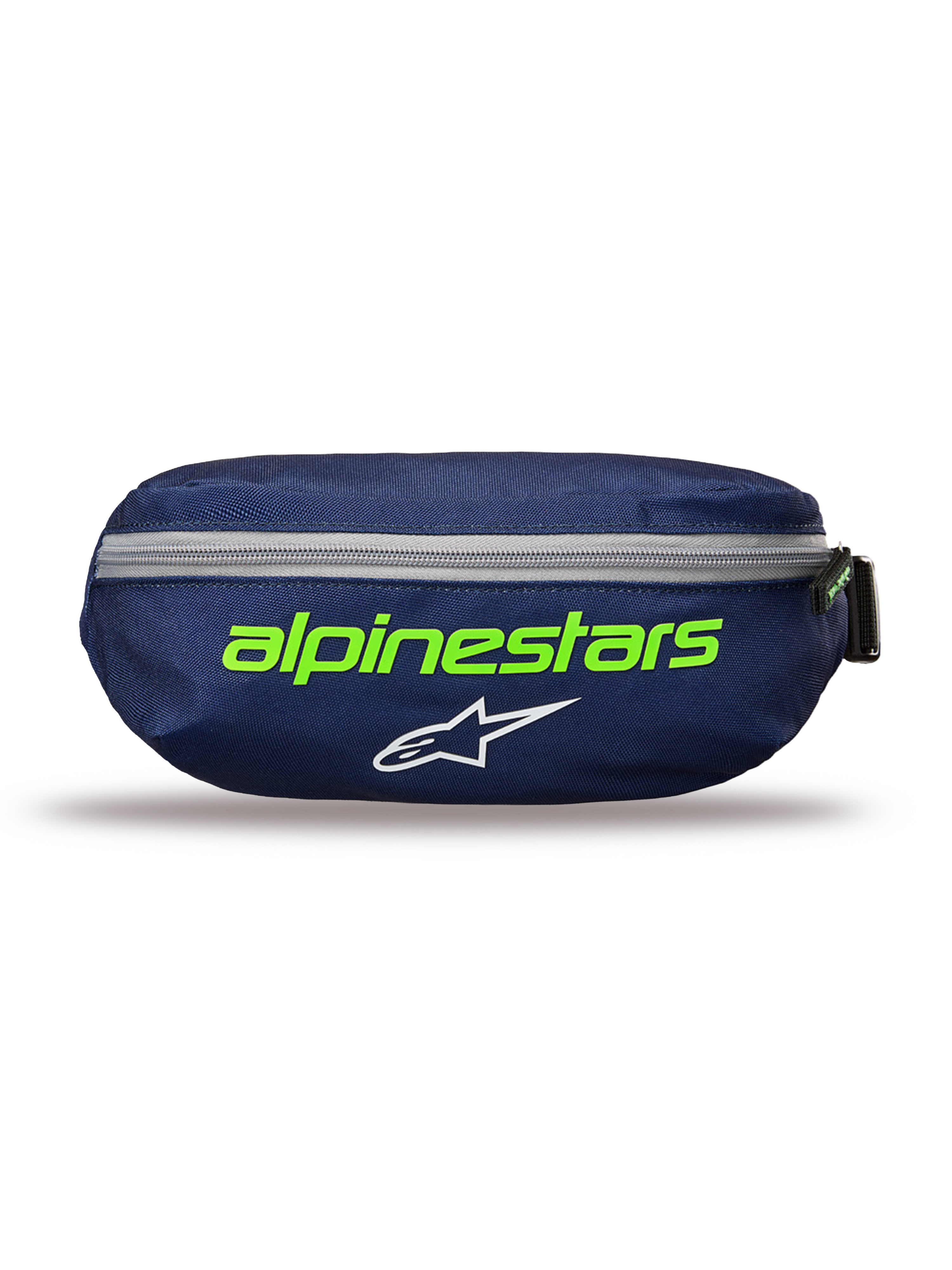 Alpinestars Only Linear Hip Bag, marsupio Navy Green, blu scuro con scritta Alpinestars in verde brillante e logo a stella bianco, cerniera grigia orizzontale, robusta struttura in poliestere, accessorio compatto per l'uso quotidiano.