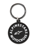 Alpinestars MX Keyfob, portachiavi circolare stampato in 3D, nero con grafiche Alpinestars Motocross e logo a stella bianchi, anello a scatto in metallo argentato, accessorio resistente per l'uso quotidiano