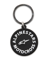 Alpinestars MX Keyfob, portachiavi circolare stampato in 3D, nero con grafiche Alpinestars Motocross e logo a stella bianchi, anello a scatto in metallo argentato, accessorio resistente per l'uso quotidiano