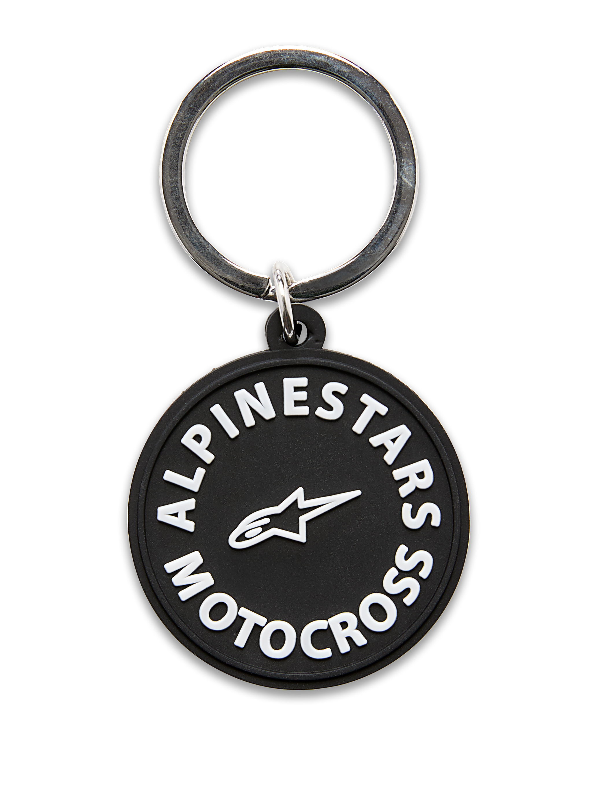 Alpinestars MX Keyfob, portachiavi circolare stampato in 3D, nero con grafiche Alpinestars Motocross e logo a stella bianchi, anello a scatto in metallo argentato, accessorio resistente per l'uso quotidiano