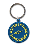 Portachiavi Alpinestars MX, blu navy e giallo, design circolare stampato in 3D con scritta Alpinestars Motocross e logo a stella gialli, anello a scatto in metallo argentato, accessorio ispirato al motorsport