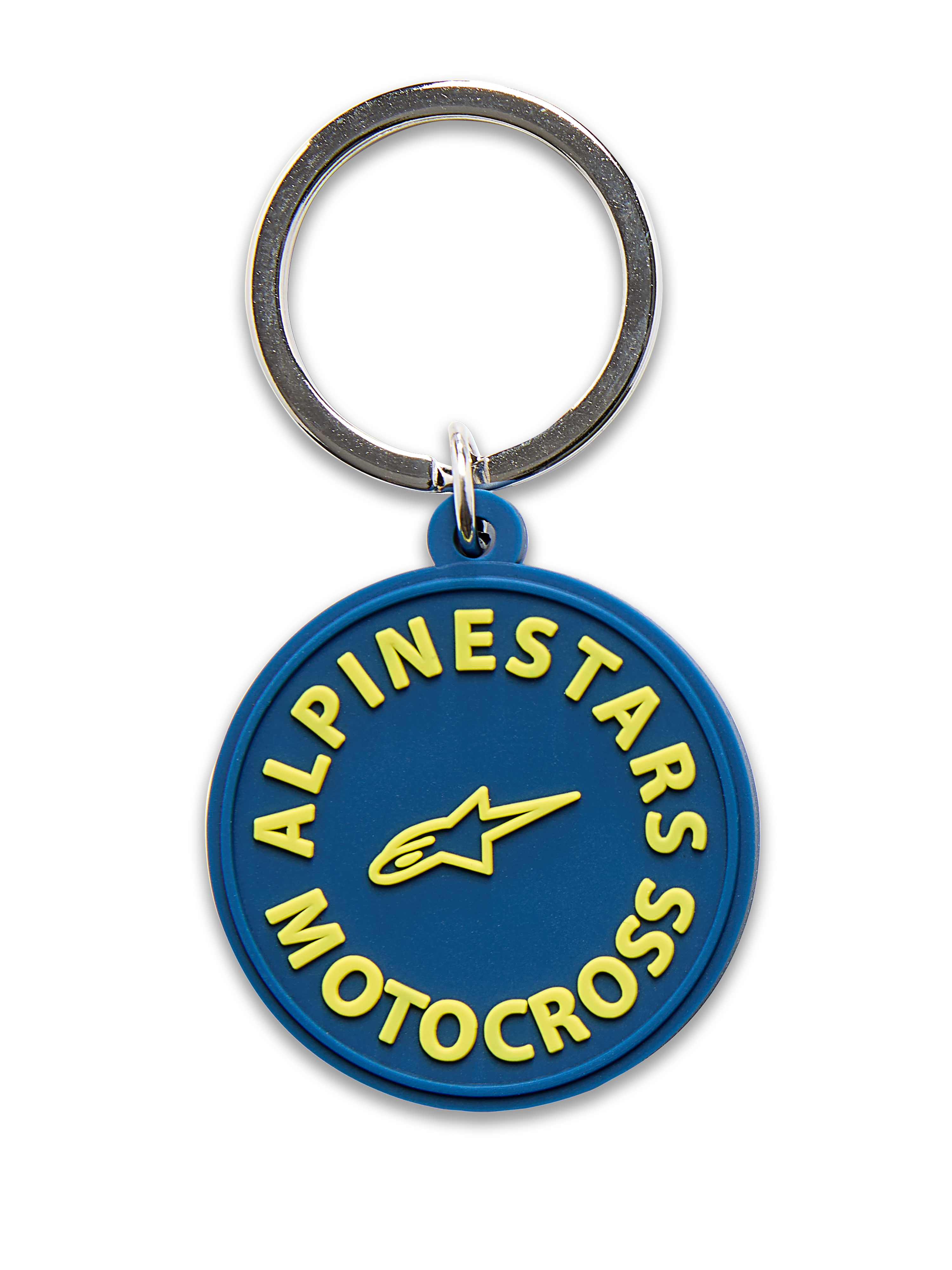 Portachiavi Alpinestars MX, blu navy e giallo, design circolare stampato in 3D con scritta Alpinestars Motocross e logo a stella gialli, anello a scatto in metallo argentato, accessorio ispirato al motorsport