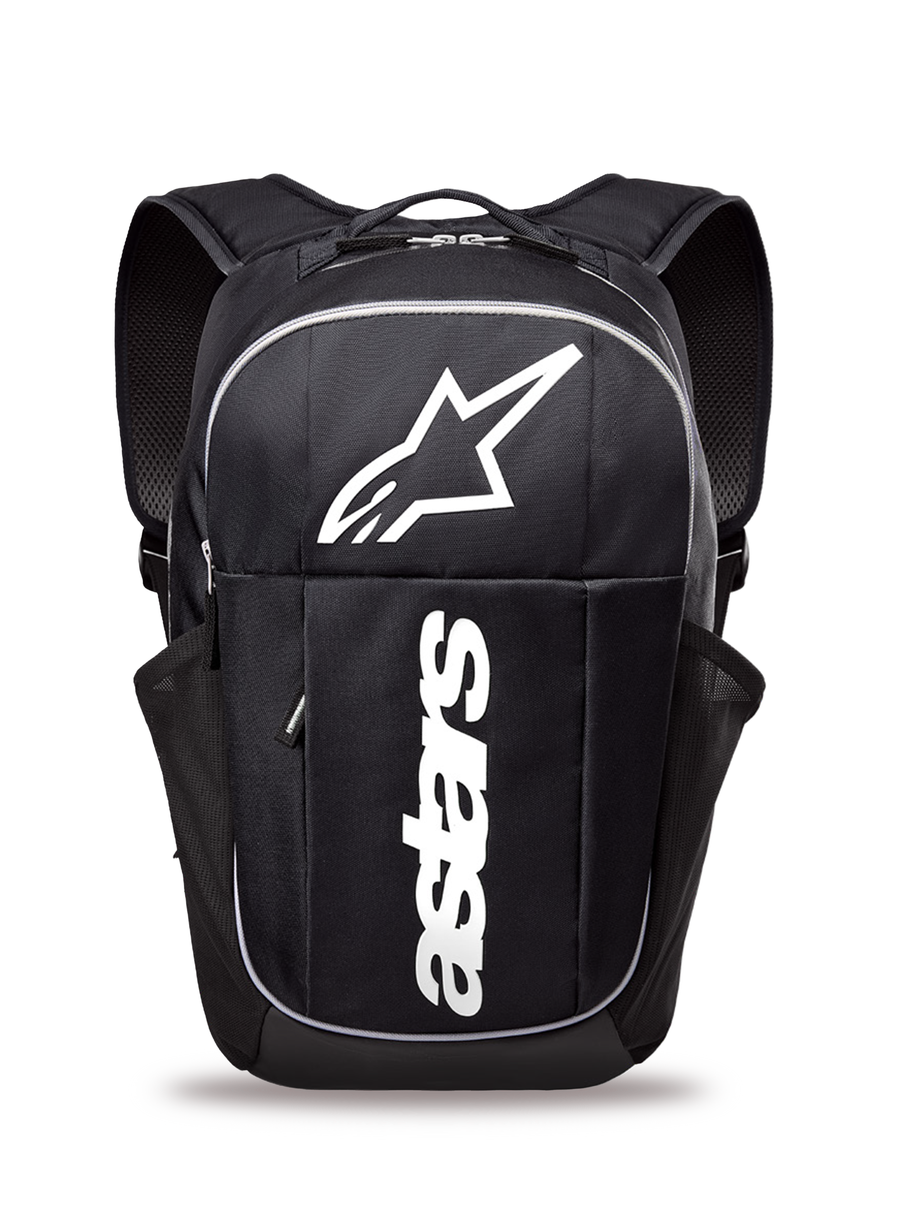 Alpinestars GFX Boss Backpack, zaino quotidiano di medie dimensioni, nero e bianco, con grande logo Astars bianco e marchio verticale, tasche laterali in rete per bottiglie d'acqua, spallacci imbottiti in air mesh, struttura resistente per uso casual