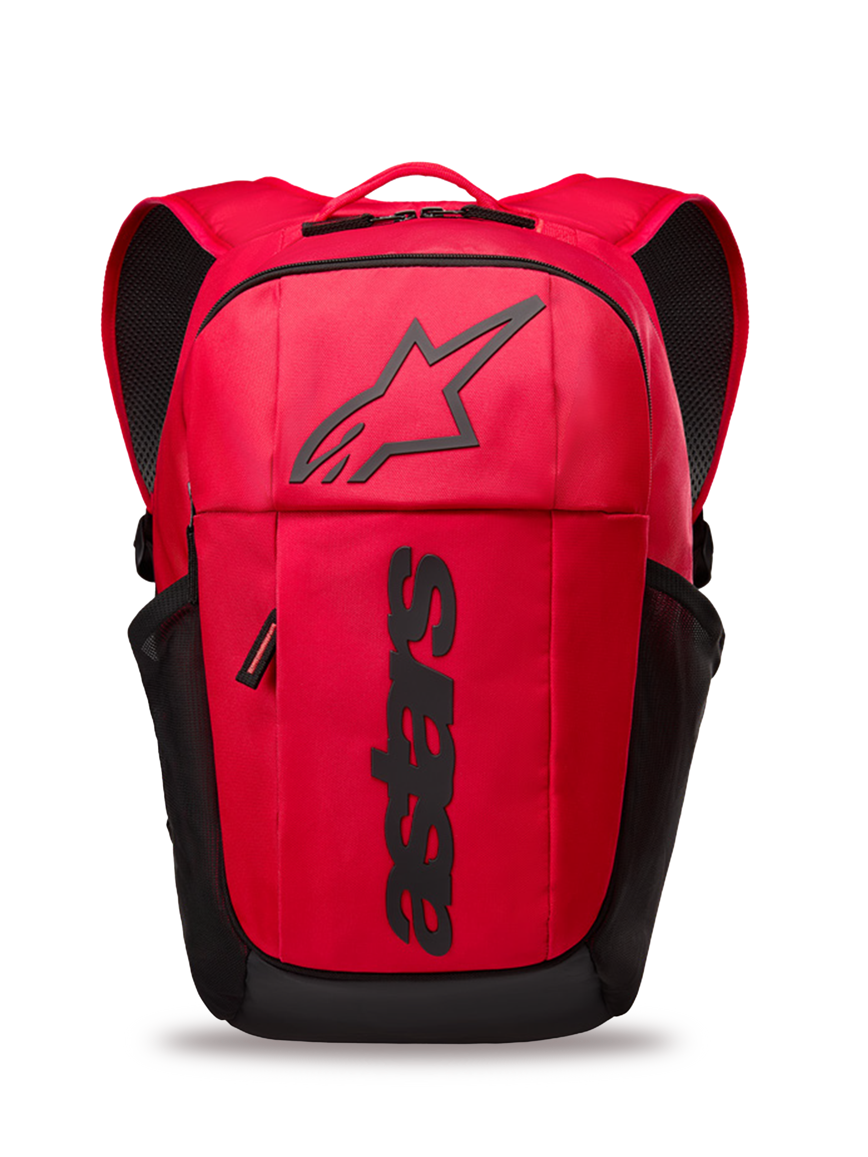 Alpinestars GFX Boss Backpack, zaino quotidiano rosso e nero, capacità 20L, con logo Astars in silicone nero in rilievo e branding verticale, tasche laterali in rete, spallacci imbottiti in rete d'aria, robusta struttura in poliestere 600D