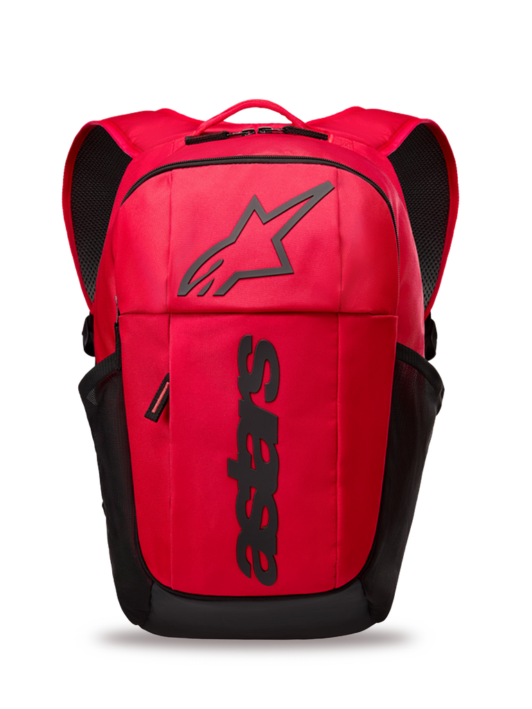 Alpinestars GFX Boss Backpack, zaino quotidiano rosso e nero, capacità 20L, con logo Astars in silicone nero in rilievo e branding verticale, tasche laterali in rete, spallacci imbottiti in rete d'aria, robusta struttura in poliestere 600D