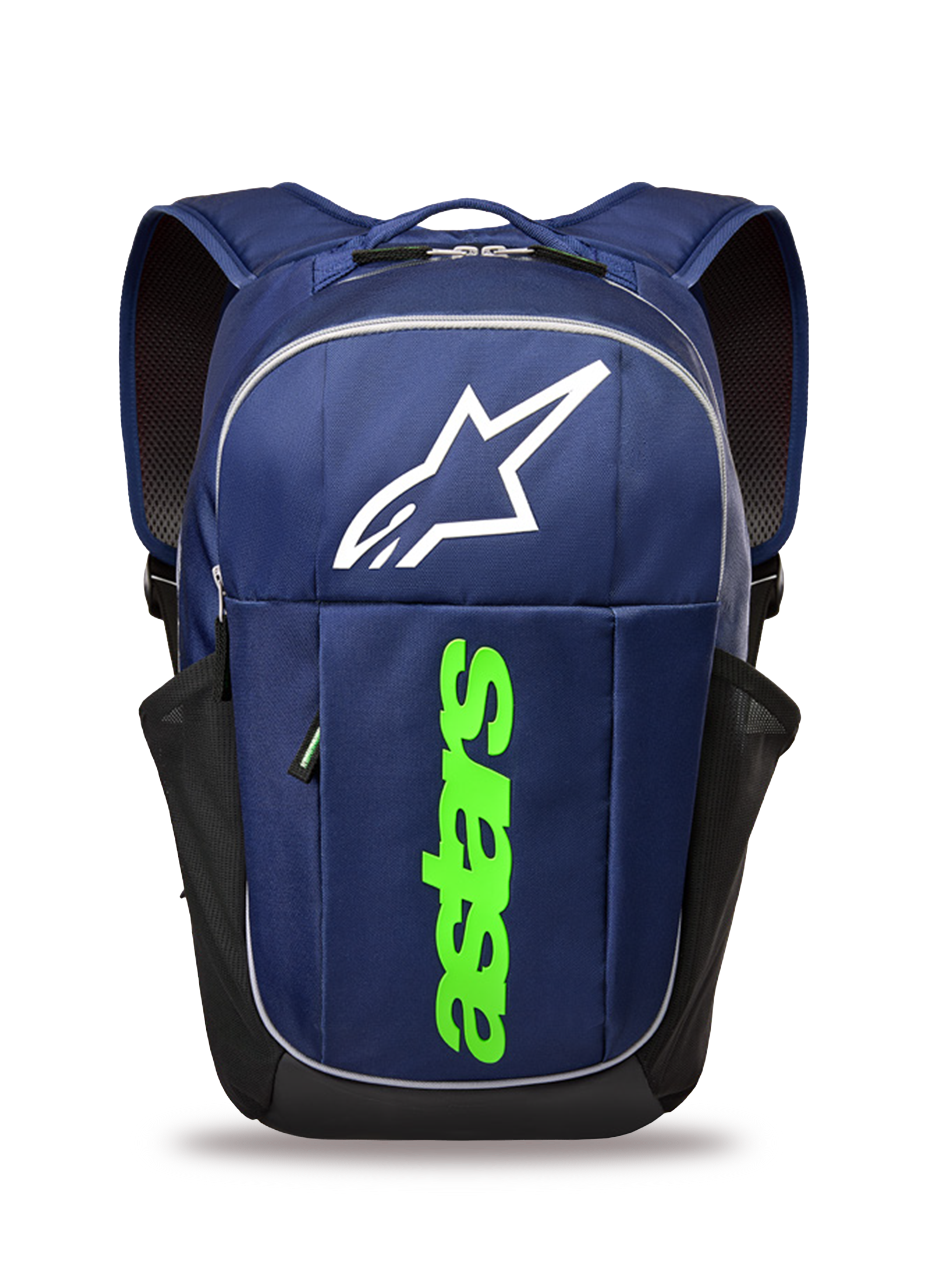 Zaino Alpinestars GFX Boss, zaino lifestyle, blu navy e verde lime, con grande logo Astars bianco e branding verticale verde lime, tasche laterali in rete per borracce, costruzione in poliestere resistente per l'uso quotidiano