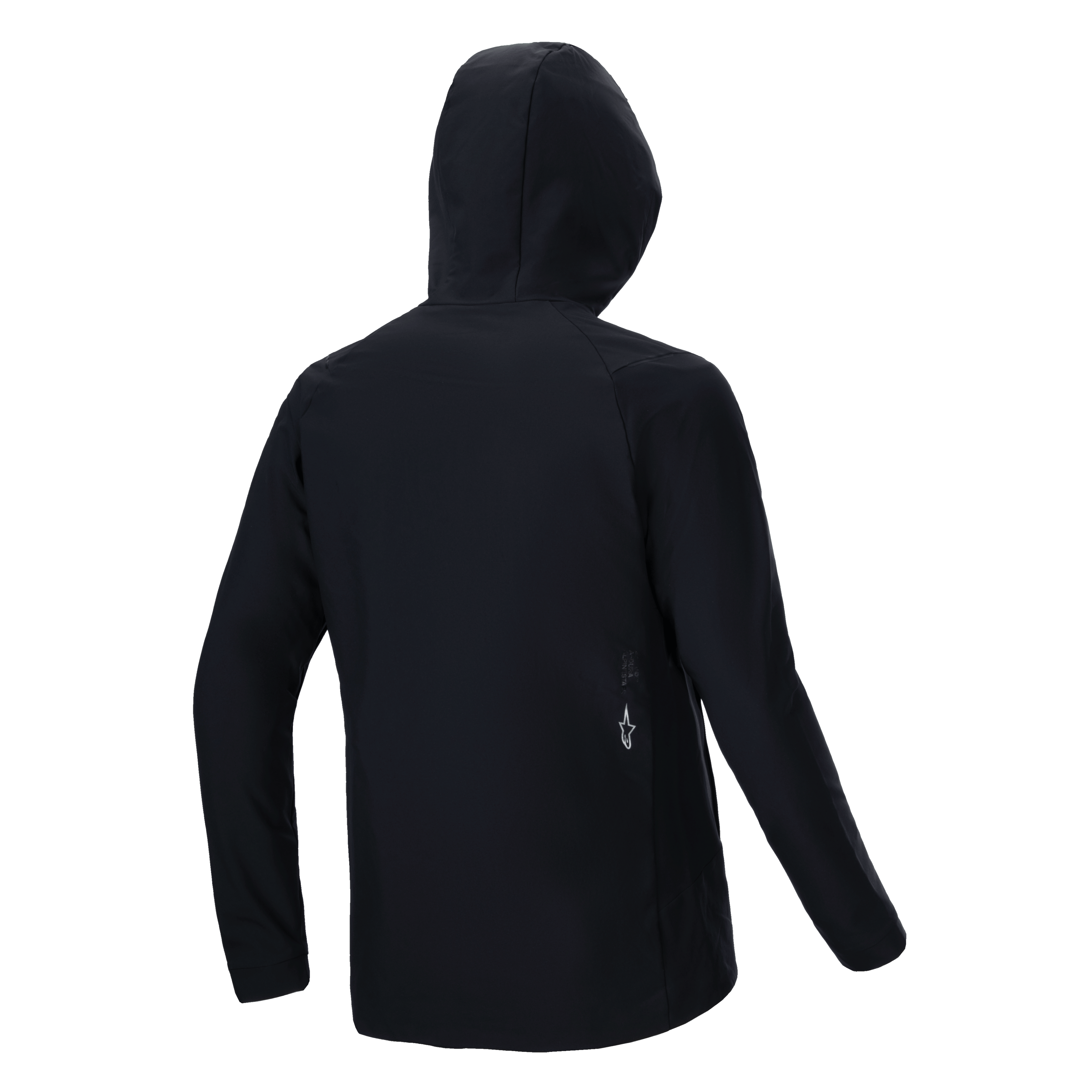 Alpinestars A-Dura Thermal Jacket, nera, vista posteriore, con cappuccio e maniche lunghe, piccolo logo Alpinestars bianco sulla parte inferiore della schiena, design isolante leggero per prestazioni in mountain bike
