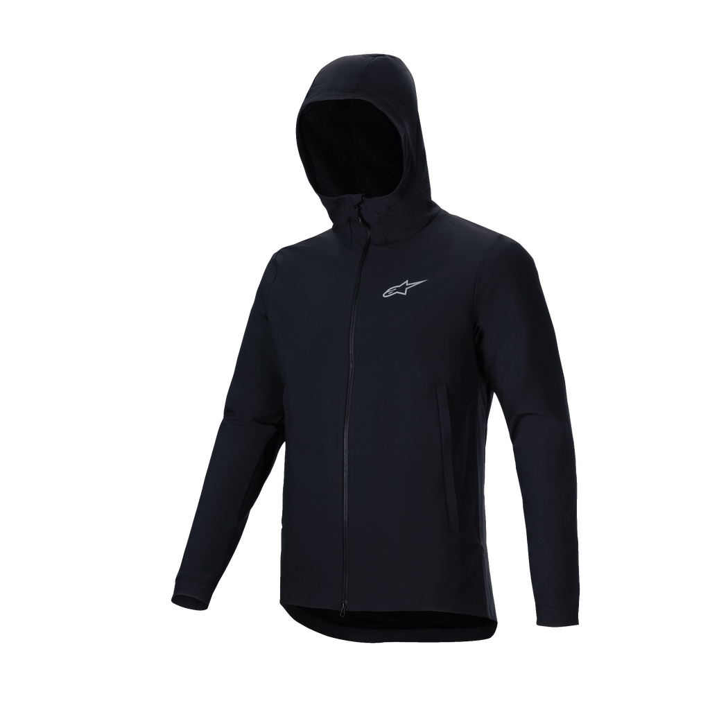 Giacca Termica Alpinestars A-Dura, nero, giacca da mountain bike leggera e isolata, con design con cappuccio, cerniera frontale a tutta lunghezza e logo Astars argento riflettente sul petto, abbigliamento tecnico per il ciclismo in climi freddi