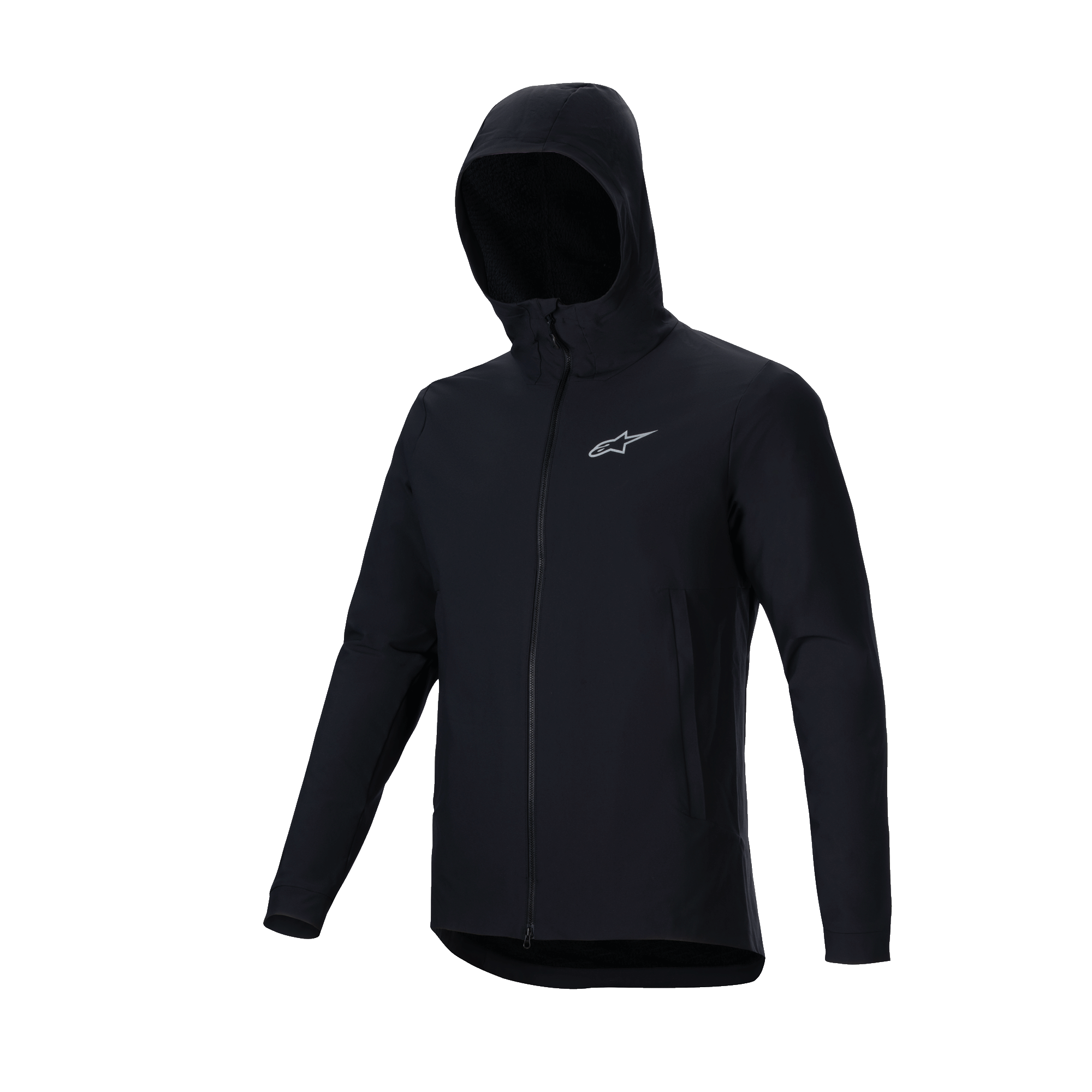 Giacca Termica Alpinestars A-Dura, nero, giacca da mountain bike leggera e isolata, con design con cappuccio, cerniera frontale a tutta lunghezza e logo Astars argento riflettente sul petto, abbigliamento tecnico per il ciclismo in climi freddi
