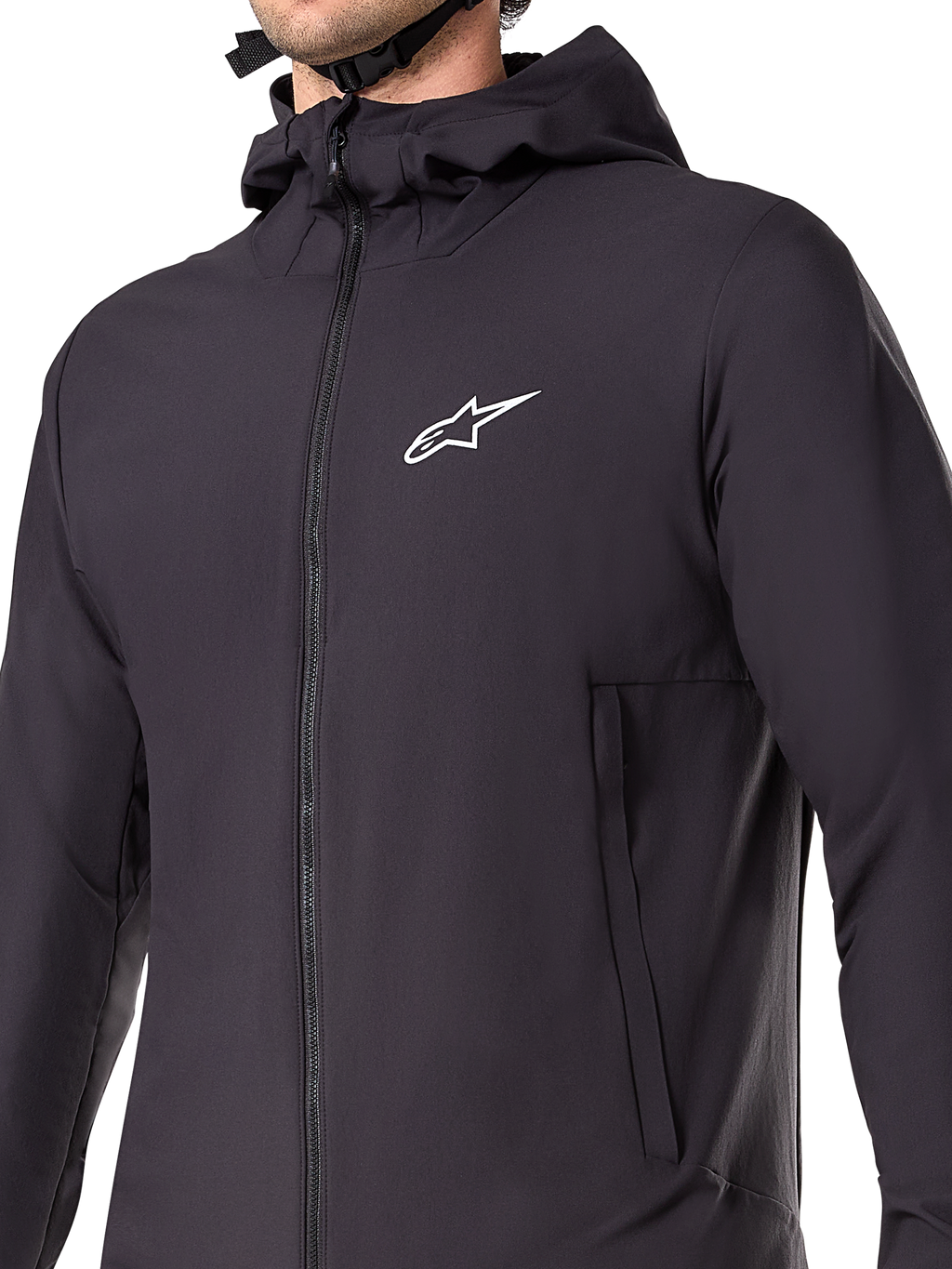 Alpinestars A-Dura Thermal Jacket, giacca da mountain bike nera, primo piano del tessuto tecnico isolante, design leggero e traspirante per il ciclismo off-road in climi freddi