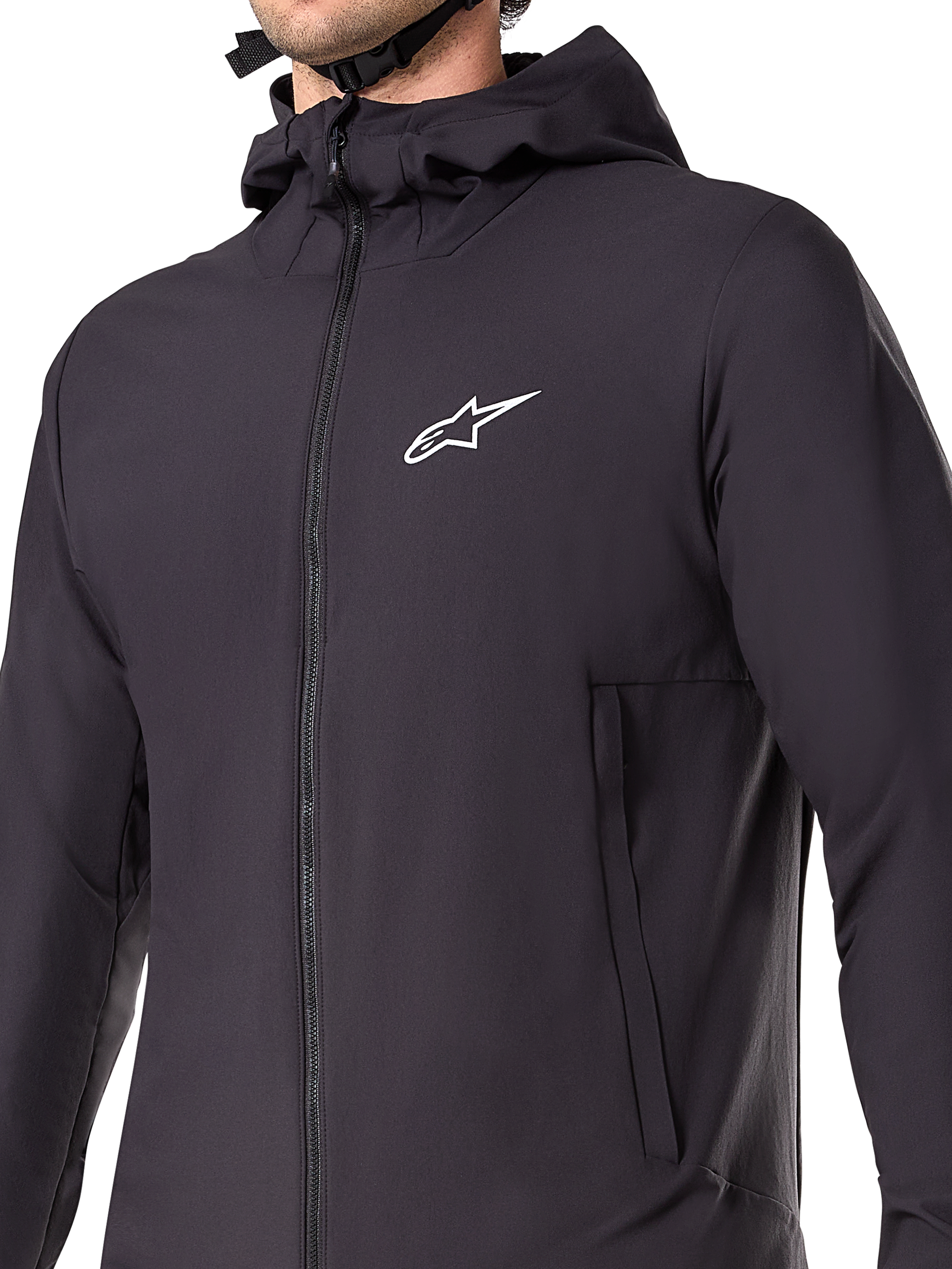 Alpinestars A-Dura Thermal Jacket, giacca da mountain bike nera, primo piano del tessuto tecnico isolante, design leggero e traspirante per il ciclismo off-road in climi freddi