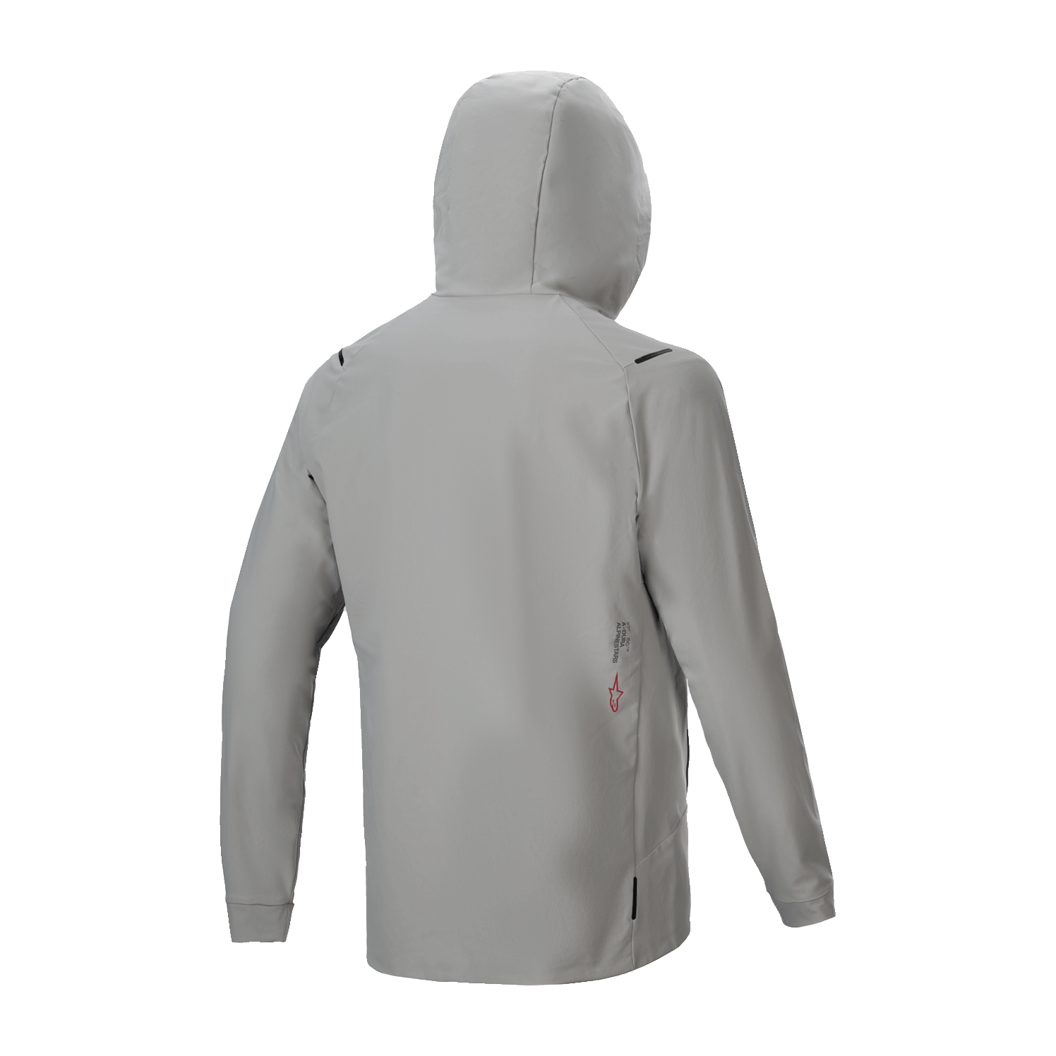 Giacca Termica Alpinestars A-Dura, giacca da ciclismo isolata, grigio titanio, vista posteriore con cappuccio alzato, design minimalista con piccolo dettaglio del logo sulla parte inferiore della schiena, prestazioni termiche leggere per mountain bike
