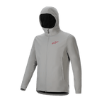 Giacca Termica Alpinestars A-Dura, giacca da ciclismo grigio chiaro Titanium con cappuccio isolante, logo rosso sul petto e zip integrale, abbigliamento tecnico da mountain bike per la protezione dal freddo