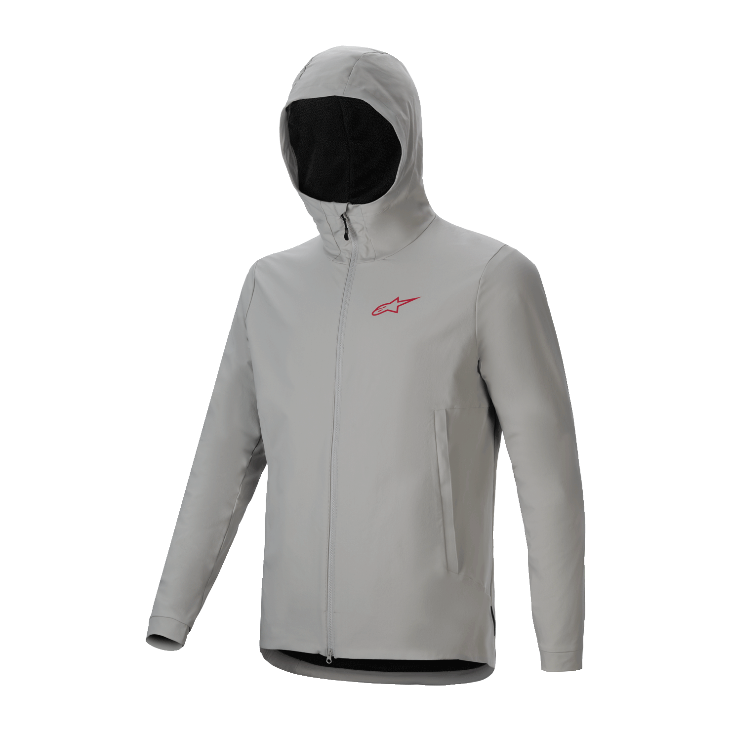 Giacca Termica Alpinestars A-Dura, giacca da ciclismo grigio chiaro Titanium con cappuccio isolante, logo rosso sul petto e zip integrale, abbigliamento tecnico da mountain bike per la protezione dal freddo