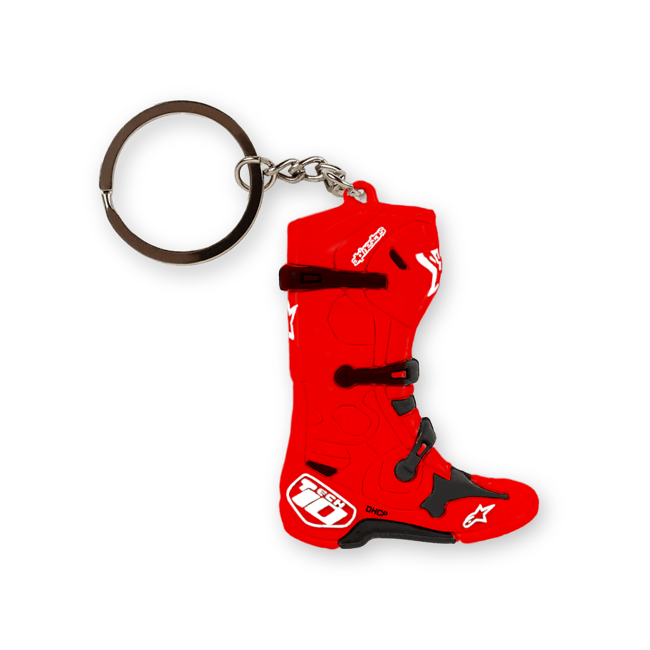 Alpinestars Tech 10 Boot Keyfob, portachiavi in miniatura 3D a forma di stivale da motocross, rosso con accenti neri e bianchi, anello in metallo argentato, design dettagliato di stivale da corsa, accessorio sportswear motorsport