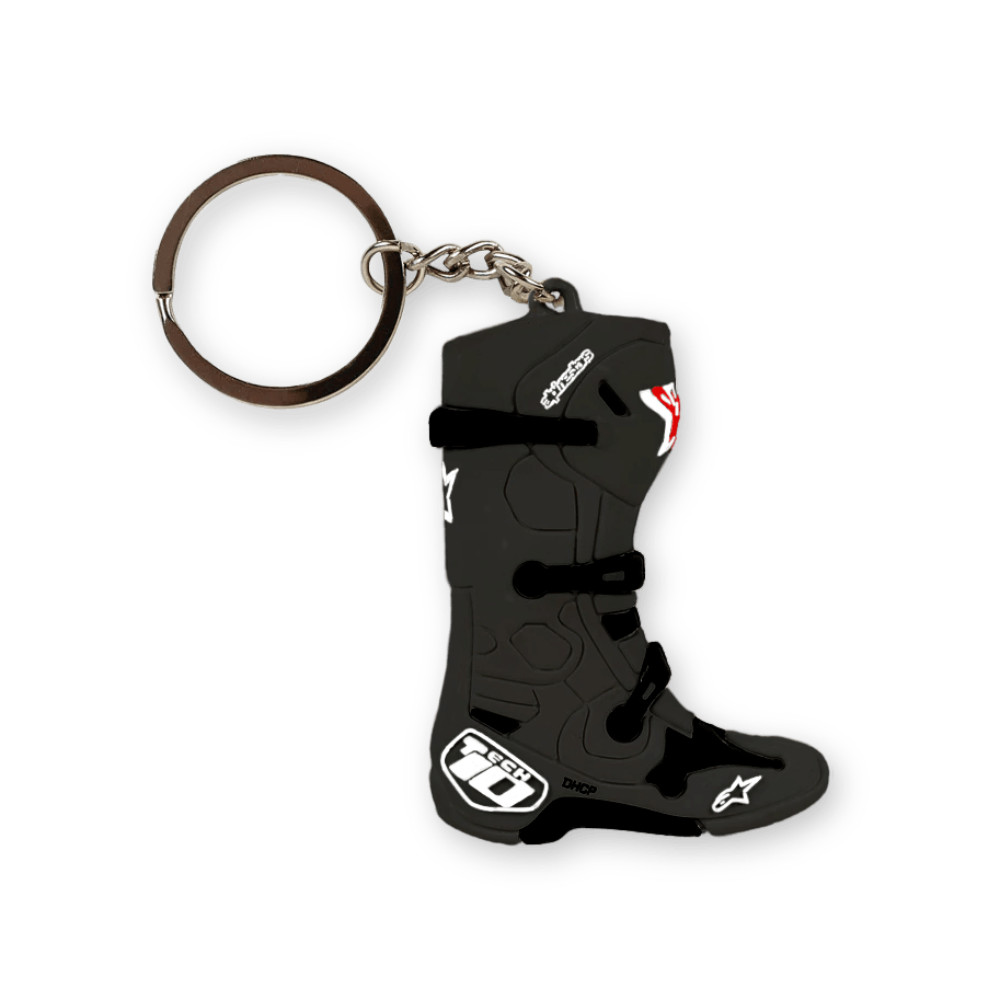 Portachiavi Alpinestars New Tech 10 Boot, nero con accenti bianchi e rossi, replica 3D in miniatura dell'iconico stivale da motocross, fibbie stampate e branding dettagliati, anello portachiavi in metallo argentato