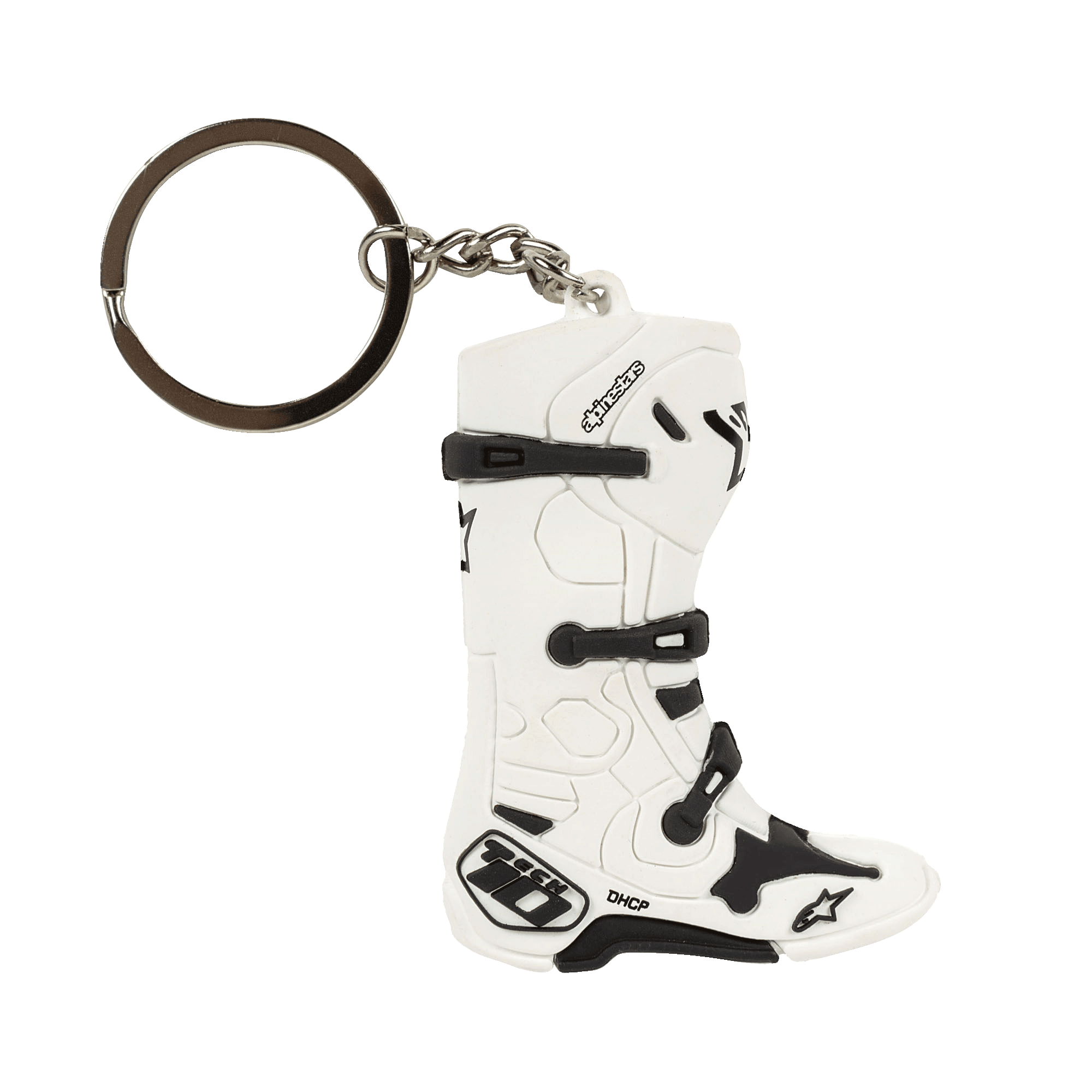 Alpinestars New Tech 10 Boot Keyfob, portachiavi a forma di stivale da motocross in miniatura 3D, bianco e nero, con cinghie e branding dettagliati, anello e catena in metallo, accessorio ispirato al motorsport