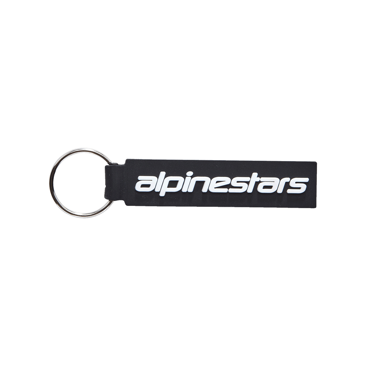 Alpinestars Linear Key Fob, portachiavi rettangolare nero con logo Alpinestars bianco, anello in metallo argentato, costruzione in PVC sagomato 3D di alta qualità, accessorio ispirato al motorsport