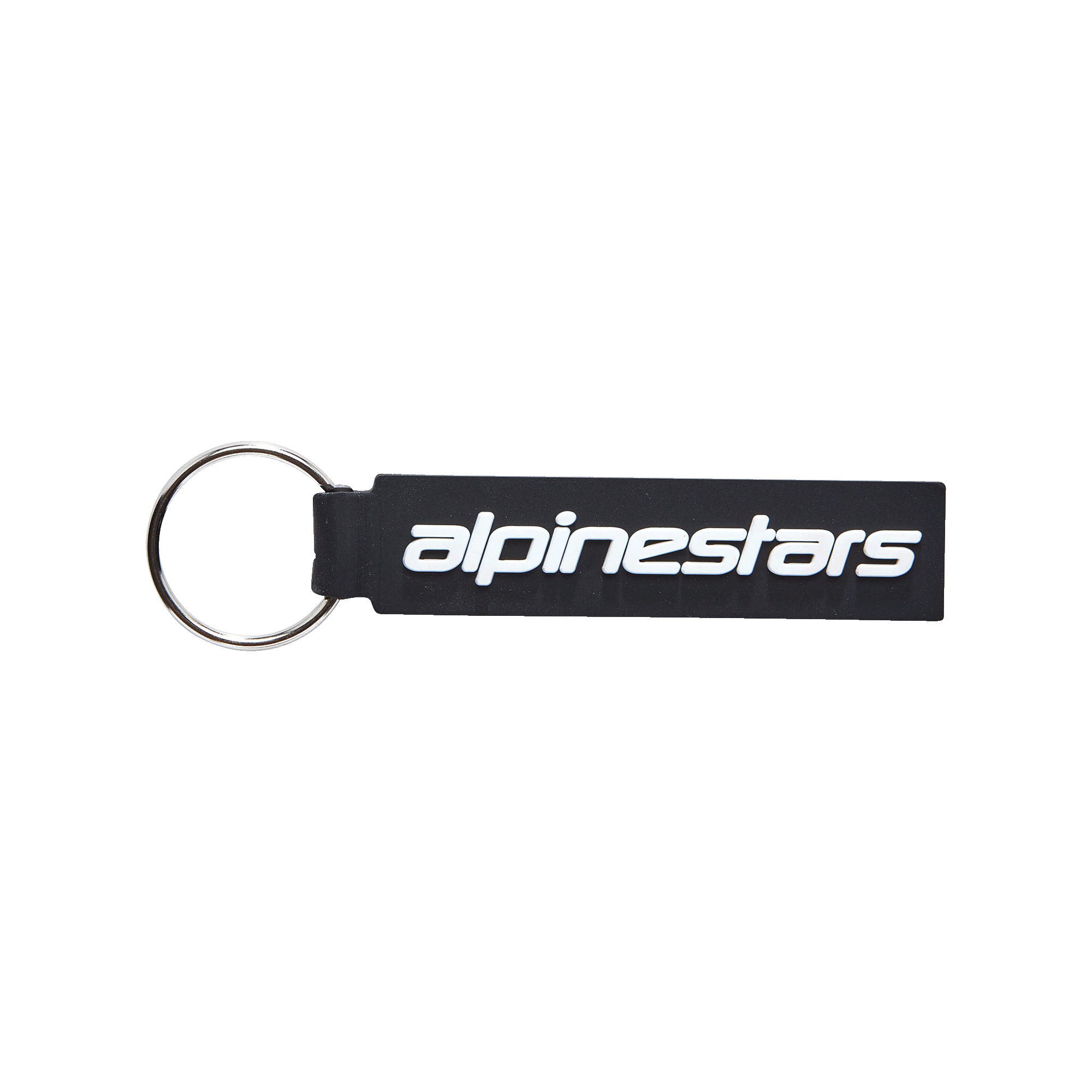 Alpinestars Linear Key Fob, portachiavi rettangolare nero con logo Alpinestars bianco, anello in metallo argentato, costruzione in PVC sagomato 3D di alta qualità, accessorio ispirato al motorsport