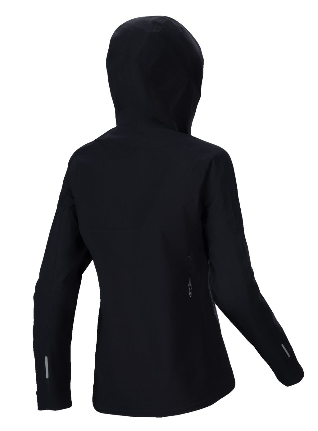 Alpinestars Stella A-Dura Elite Waterproof Jacket, giacca antipioggia MTB da donna, nero, vista posteriore con cappuccio sopra il casco, dettagli riflettenti sulle maniche e sulla parte bassa della schiena, resistente tessuto ripstop per trail riding in ogni condizione meteorologica