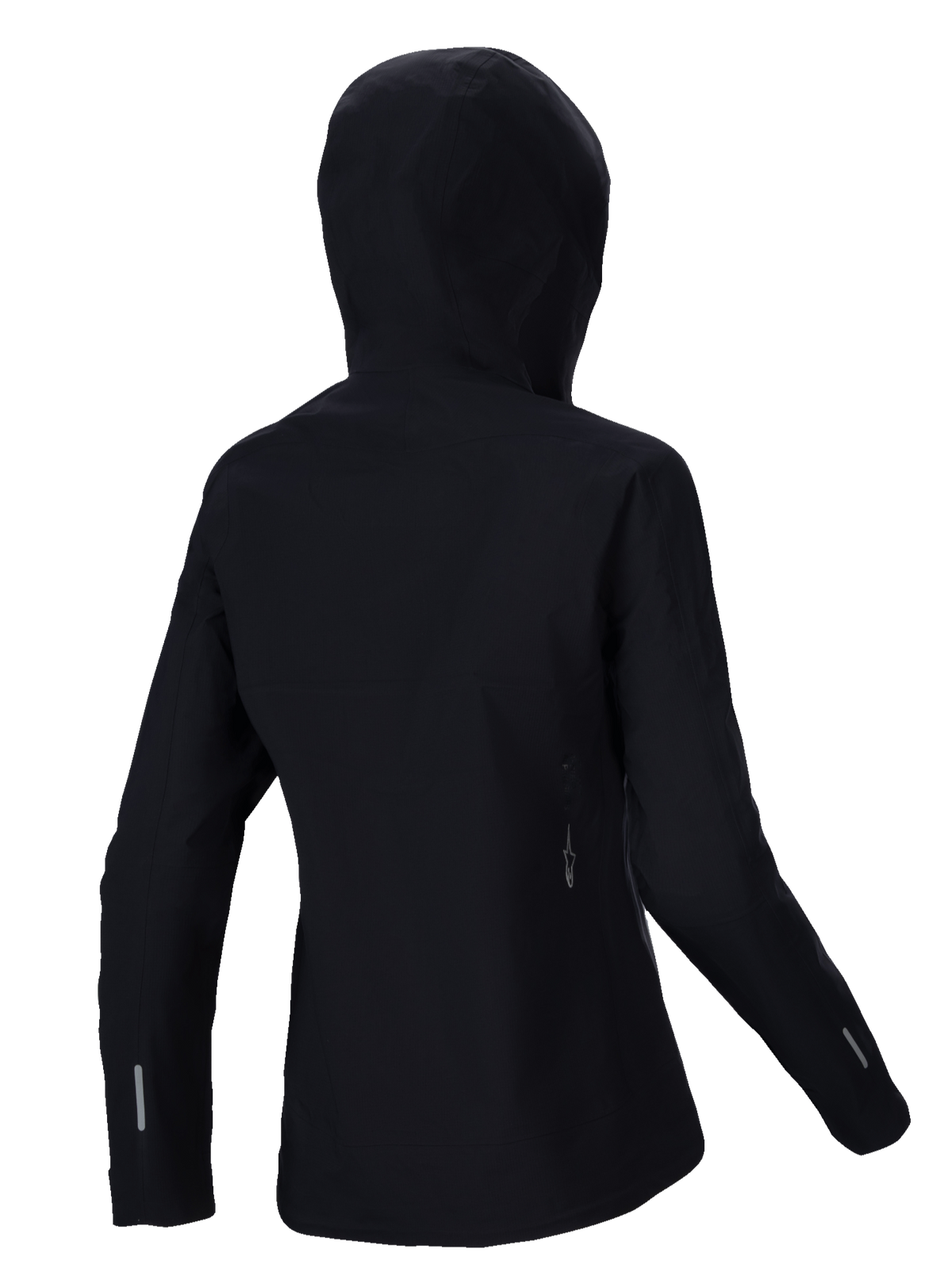Alpinestars Stella A-Dura Elite Waterproof Jacket, giacca antipioggia MTB da donna, nero, vista posteriore con cappuccio sopra il casco, dettagli riflettenti sulle maniche e sulla parte bassa della schiena, resistente tessuto ripstop per trail riding in ogni condizione meteorologica