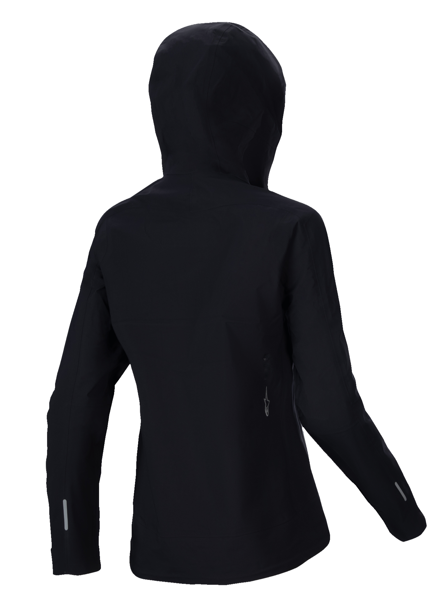 Alpinestars Stella A-Dura Elite Waterproof Jacket, giacca antipioggia MTB da donna, nero, vista posteriore con cappuccio sopra il casco, dettagli riflettenti sulle maniche e sulla parte bassa della schiena, resistente tessuto ripstop per trail riding in ogni condizione meteorologica