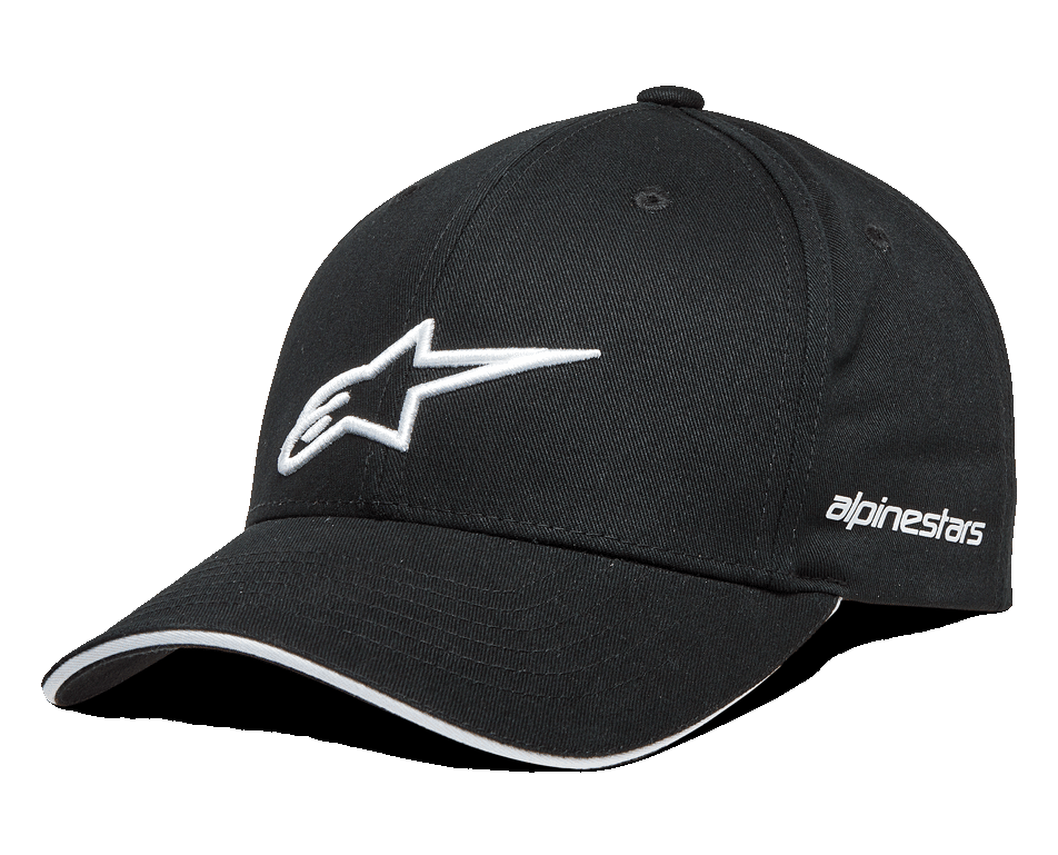 Alpinestars Rostrum Hat, cappellino da baseball nero con logo a stella bianco ricamato in 3D, visiera curva con dettaglio sandwich bianco, scritta Alpinestars laterale, copricapo lifestyle motorsport