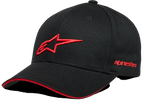 Alpinestars Rostrum Hat, berretto da baseball nero con logo a stella 3D rosso, visiera curva con bordo rosso, branding Alpinestars ricamato lateralmente, copricapo casual da motorsport