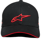 Cappello Alpinestars Rostrum, cappello snapback con visiera curva, nero e rosso, logo A-star rosso ricamato in 3D sul davanti, bordo della visiera sandwich rosso, corona strutturata, tessuto twill, copricapo casual motorsport