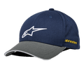 Alpinestars Rostrum Hat, cappellino da baseball, blu navy e grigio, logo stella bianco ricamato, branding laterale giallo, visiera curva, abbigliamento casual motorsport streetwear