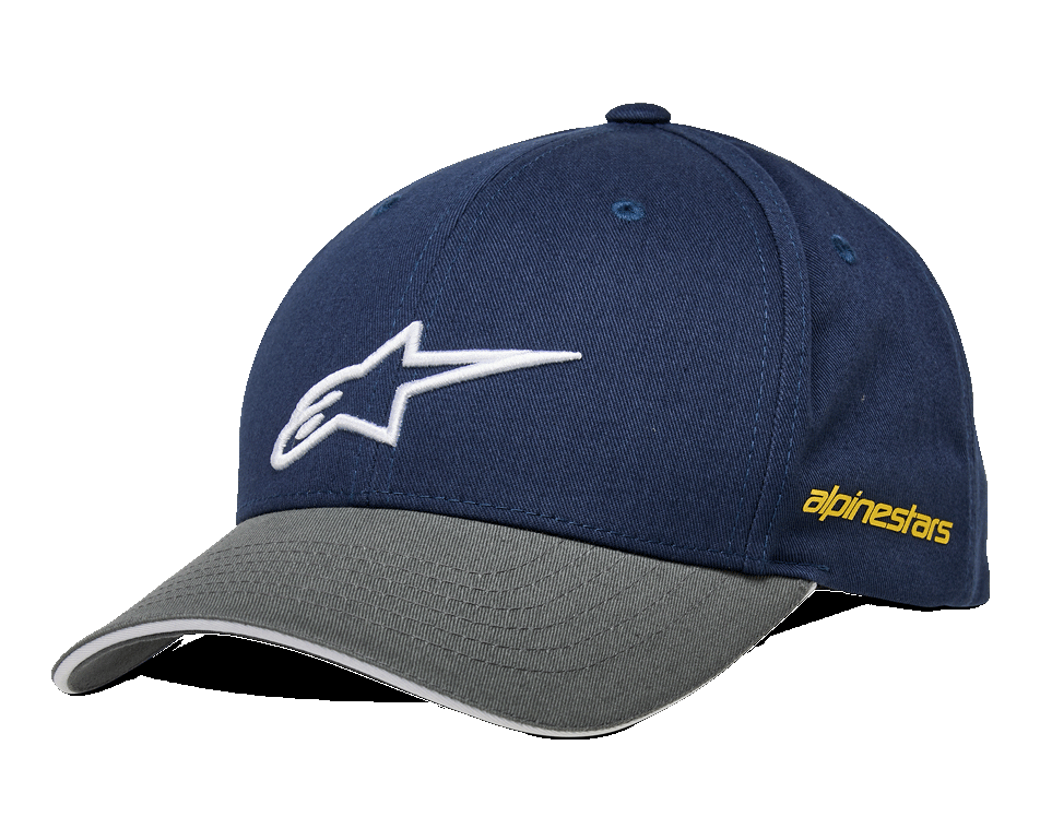 Alpinestars Rostrum Hat, cappellino da baseball, blu navy e grigio, logo stella bianco ricamato, branding laterale giallo, visiera curva, abbigliamento casual motorsport streetwear