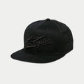 Cappello Alpinestars Los Angeles, cappellino snapback con visiera piatta, nero, ricamo 3D tono su tono con scritta Los Angeles e logo Ageless, corona strutturata, abbigliamento sportivo casual