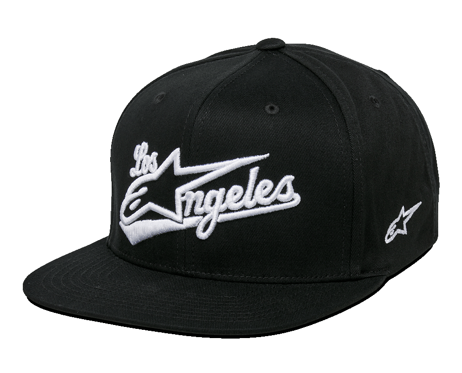 Cappello Alpinestars Los Angeles, cappellino snapback a tesa piatta nero e bianco, corona strutturata con ricamo 3D bianco del carattere sportivo Los Angeles e logo Ageless, ricamo laterale del logo, accessorio sportswear casual