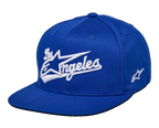 Alpinestars Cappello Los Angeles, cappello snapback blu, logo Los Angeles ricamato in 3D bianco con carattere sportivo, visiera piatta, corona strutturata, copricapo casual ispirato al motorsport